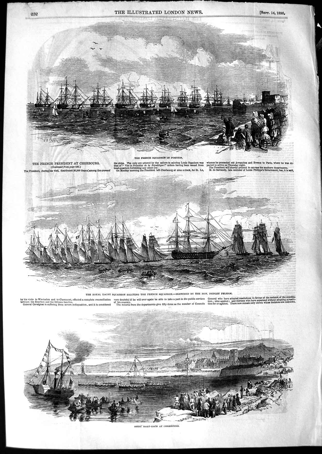Original Old Antique Print 1850 French President Squadron Ships Cherbourg War