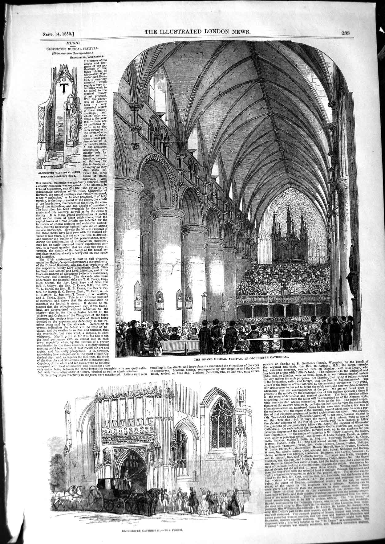 Old Antique Print 1850 Musical Festival Gloucester Cathedral Pilgrim Door 19th