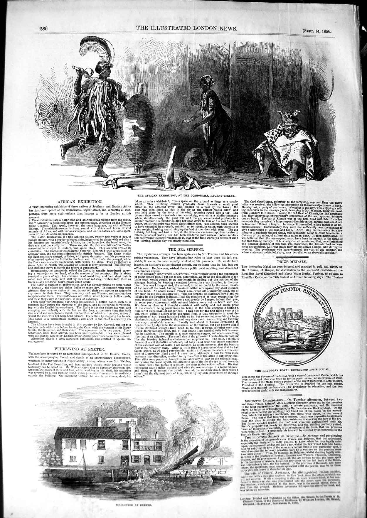 Original Old Antique Print 1850 African Exhibition Cosmorama Whirlwind Exeter