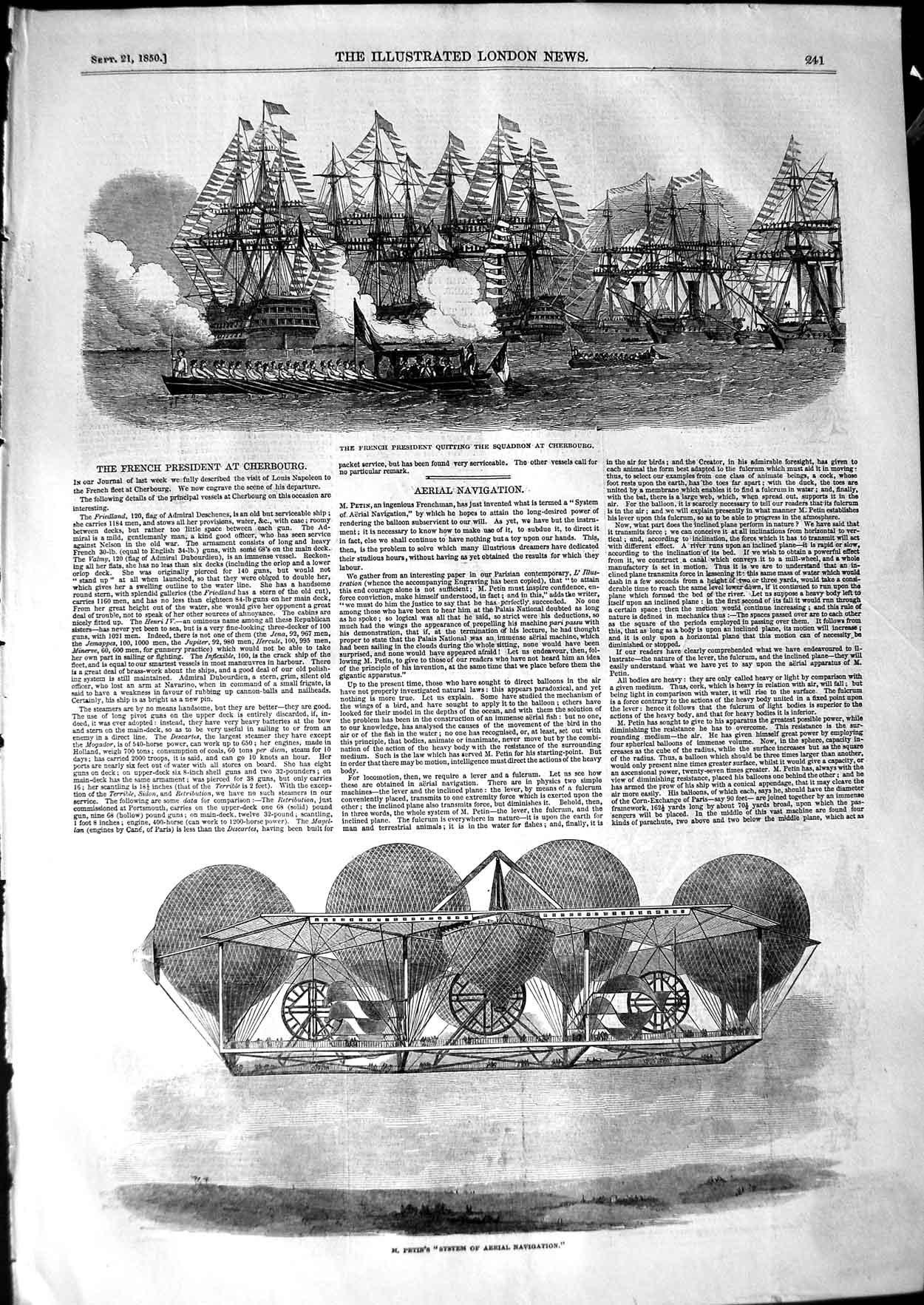 Old Antique Print 1850 Petin Aerial Navigation French President Cherbourg 19th