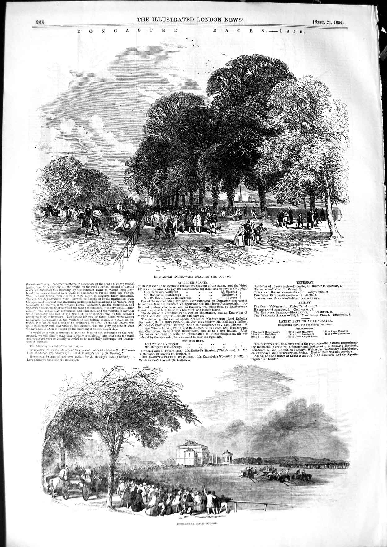 Original Old Antique Print 1850 Doncaster Horse Races Course Sport Victorian