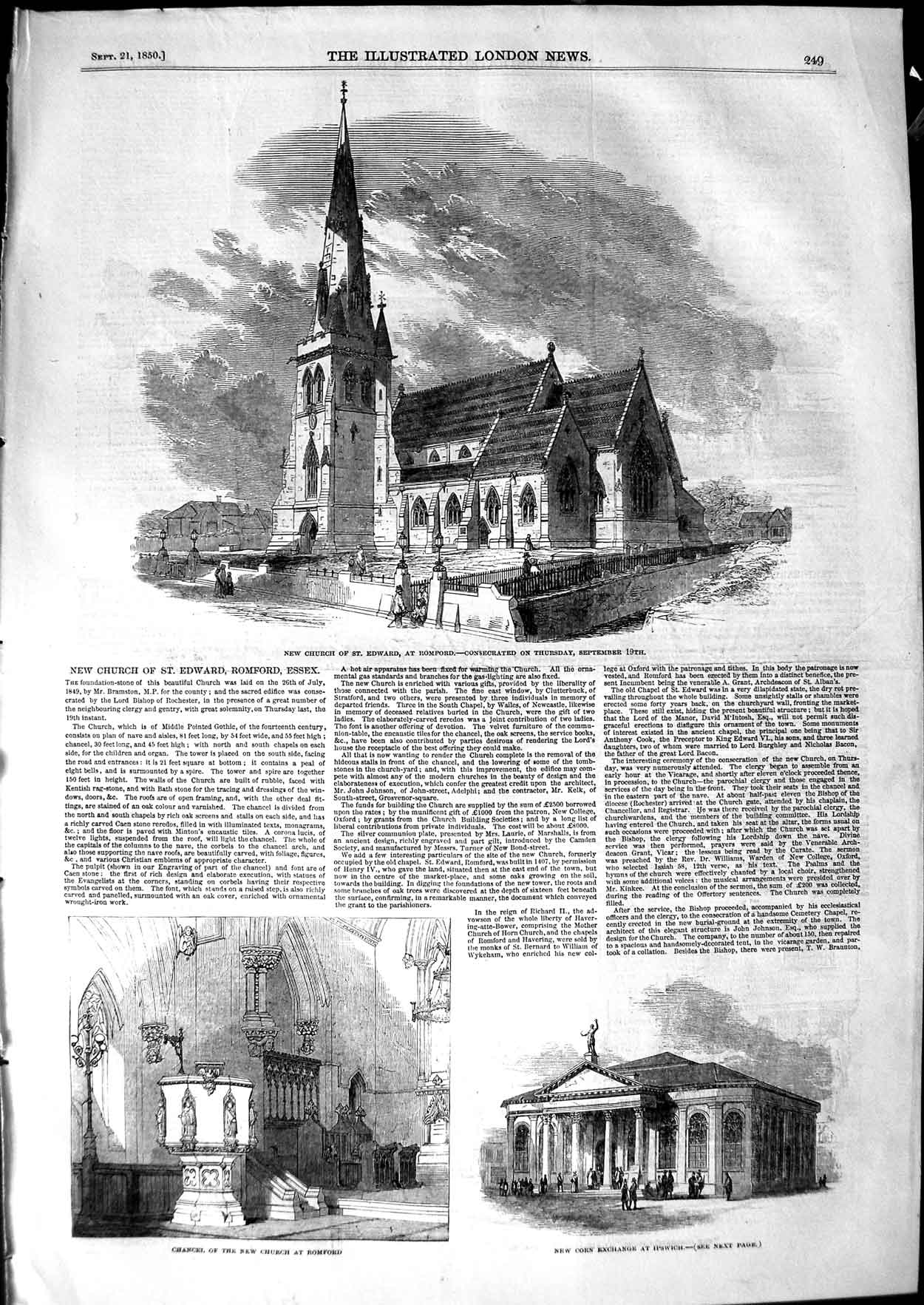 Original Old Antique Print 1850 Church Edward Romford Corn Exchange Ipswich