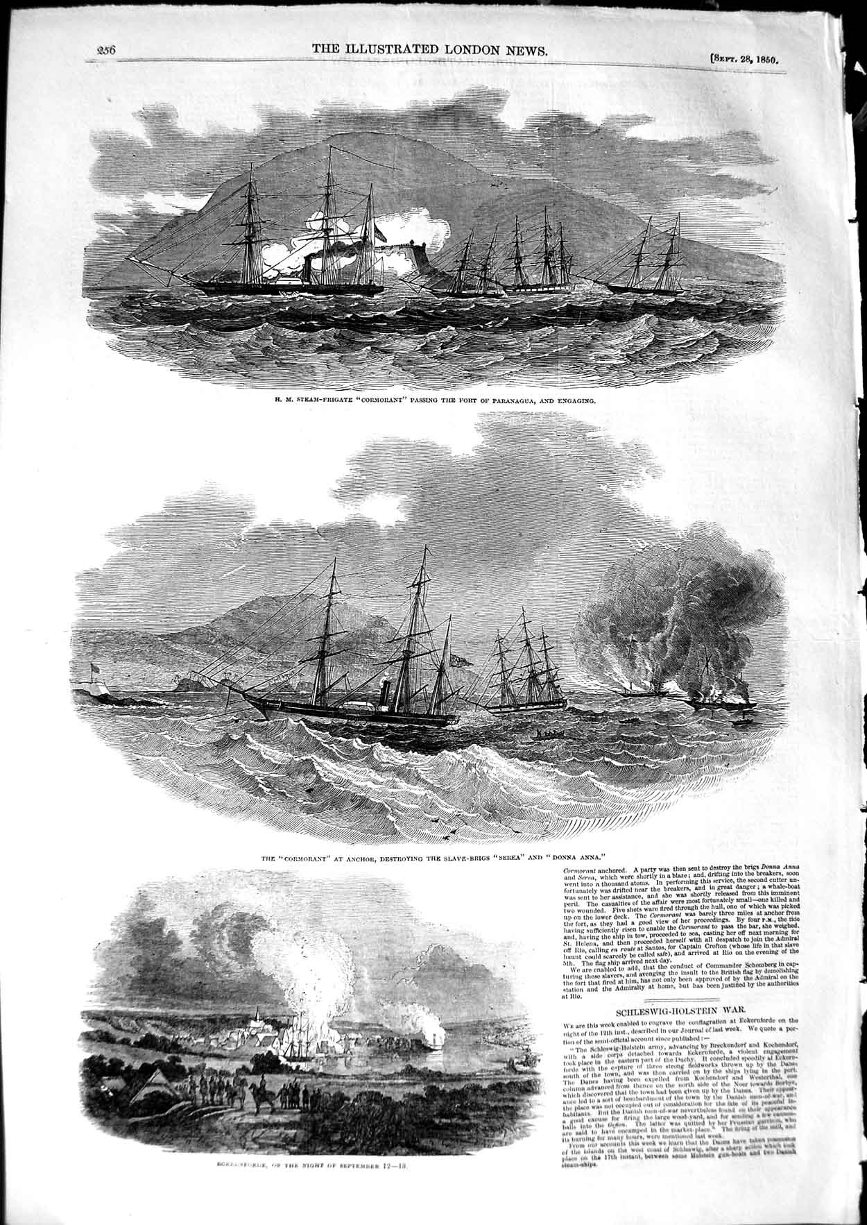Old Antique Print 1850 Ship Cormorant Slave Serea Donna Anna Eckernforde 19th