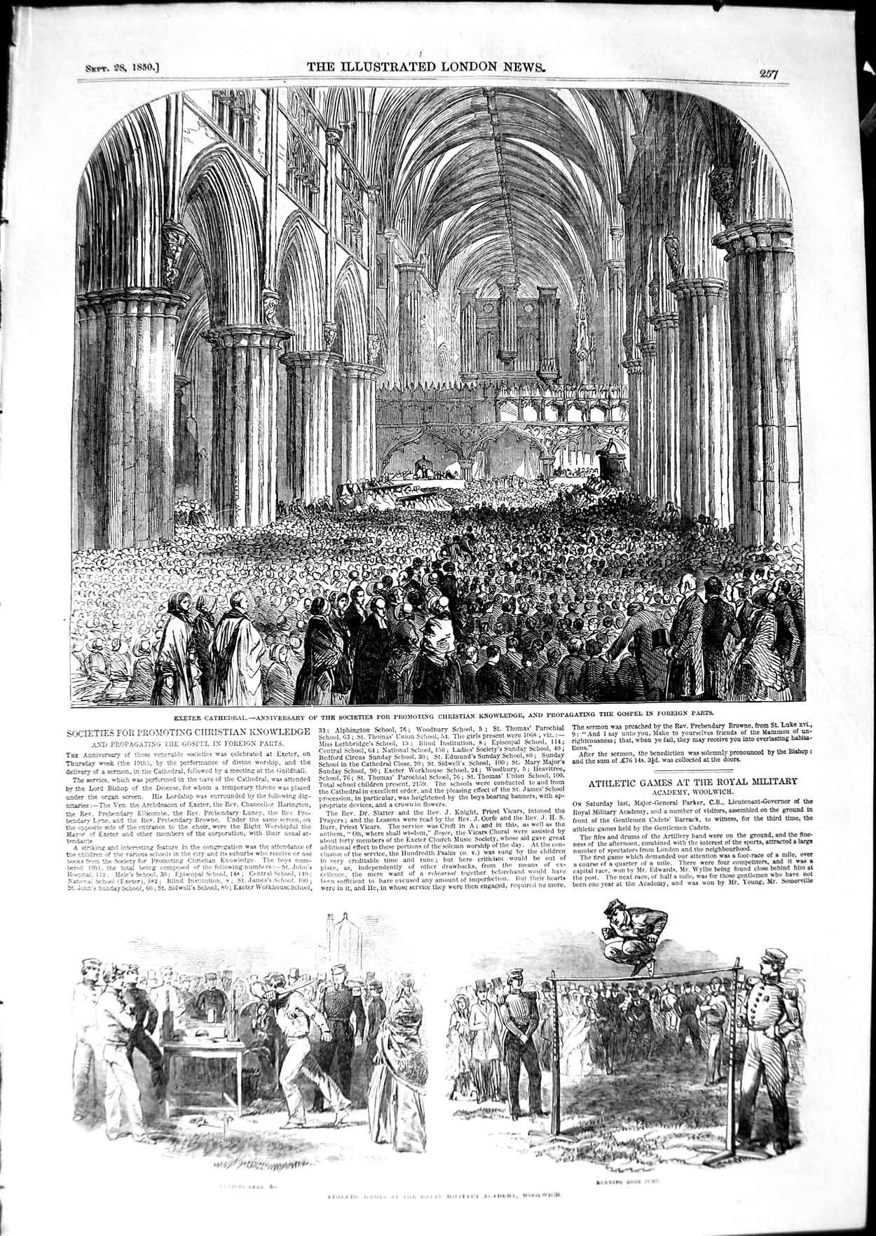 Original Old Antique Print 1850 Exeter Cathedral Athletic Games Woolwich Sport