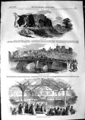Original Old Antique Print 1850 Rhuddlan Royal Eisteddvod Castle River Bridge