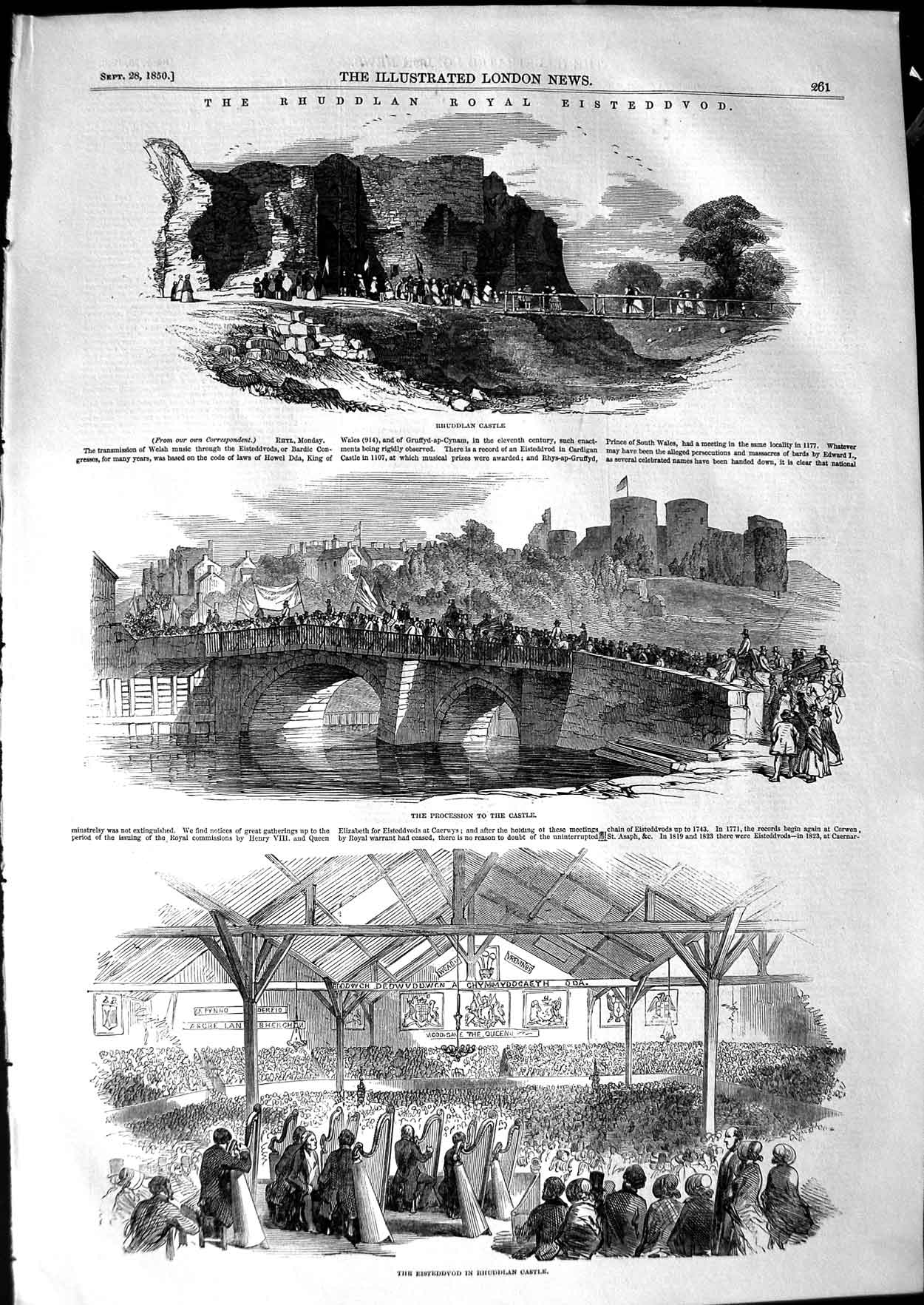 Original Old Antique Print 1850 Rhuddlan Royal Eisteddvod Castle River Bridge