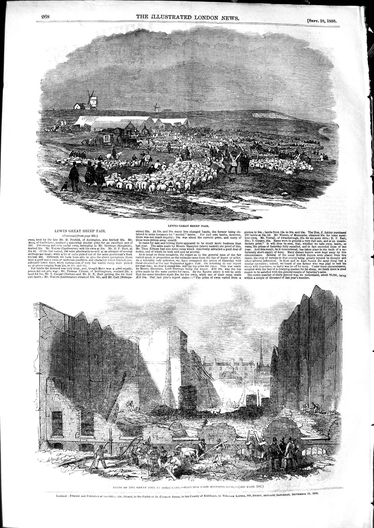 Original Old Antique Print 1850 Lewes Great Sheep Fair Fire Park Lane London