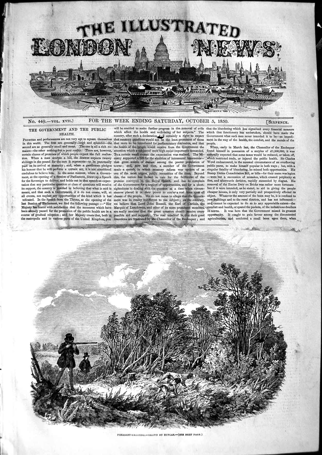 Original Old Antique Print 1850 Pheasant Shooting Sport Men Guns Dogs Duncan