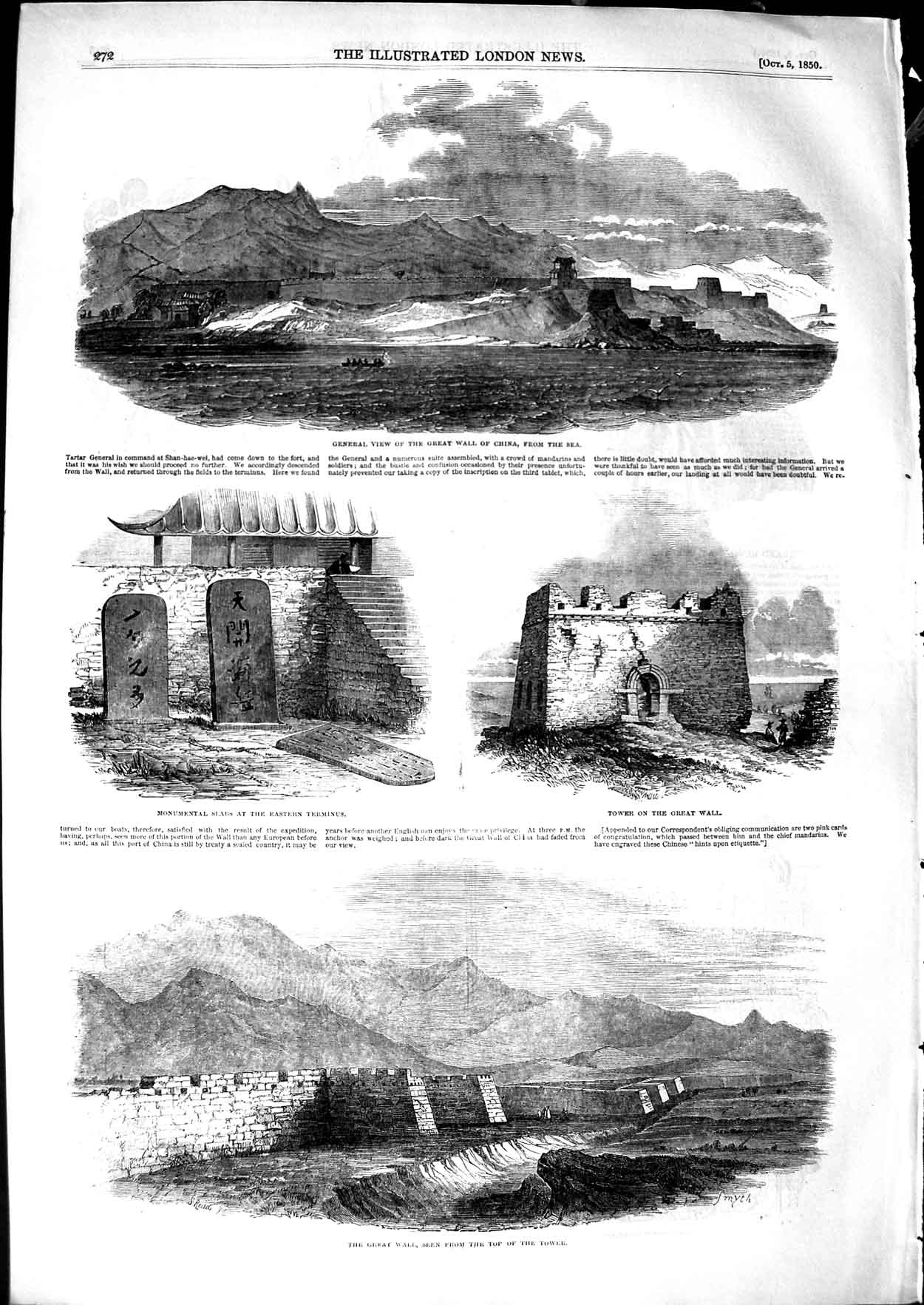 Original Old Antique Print 1850 Great Wall China Monumnetal Slabs Wonder World