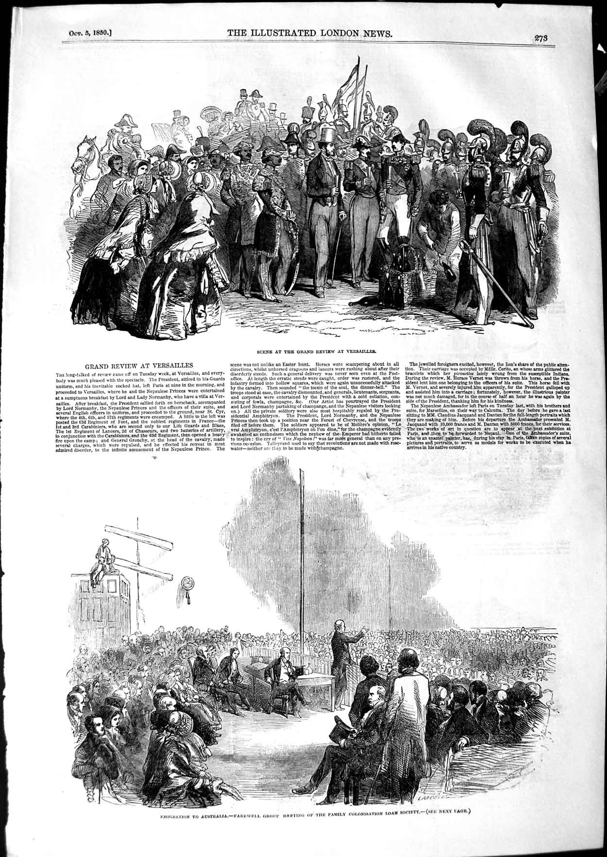 Original Old Antique Print 1850 Emigration Australia Grand Review Versailles