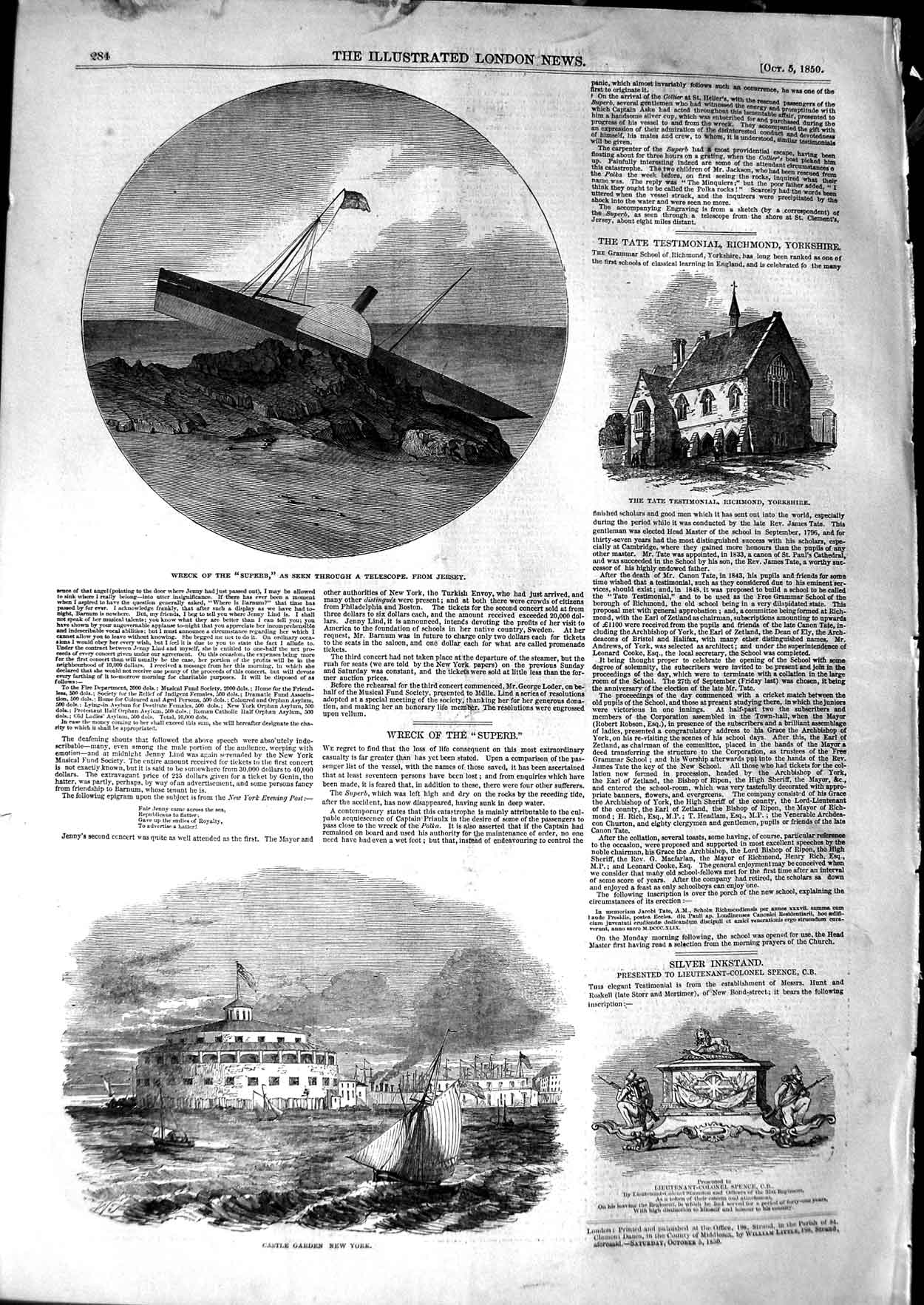 Original Old Antique Print 1850 Ship Wreck Superb Jersey Castle Garden New York