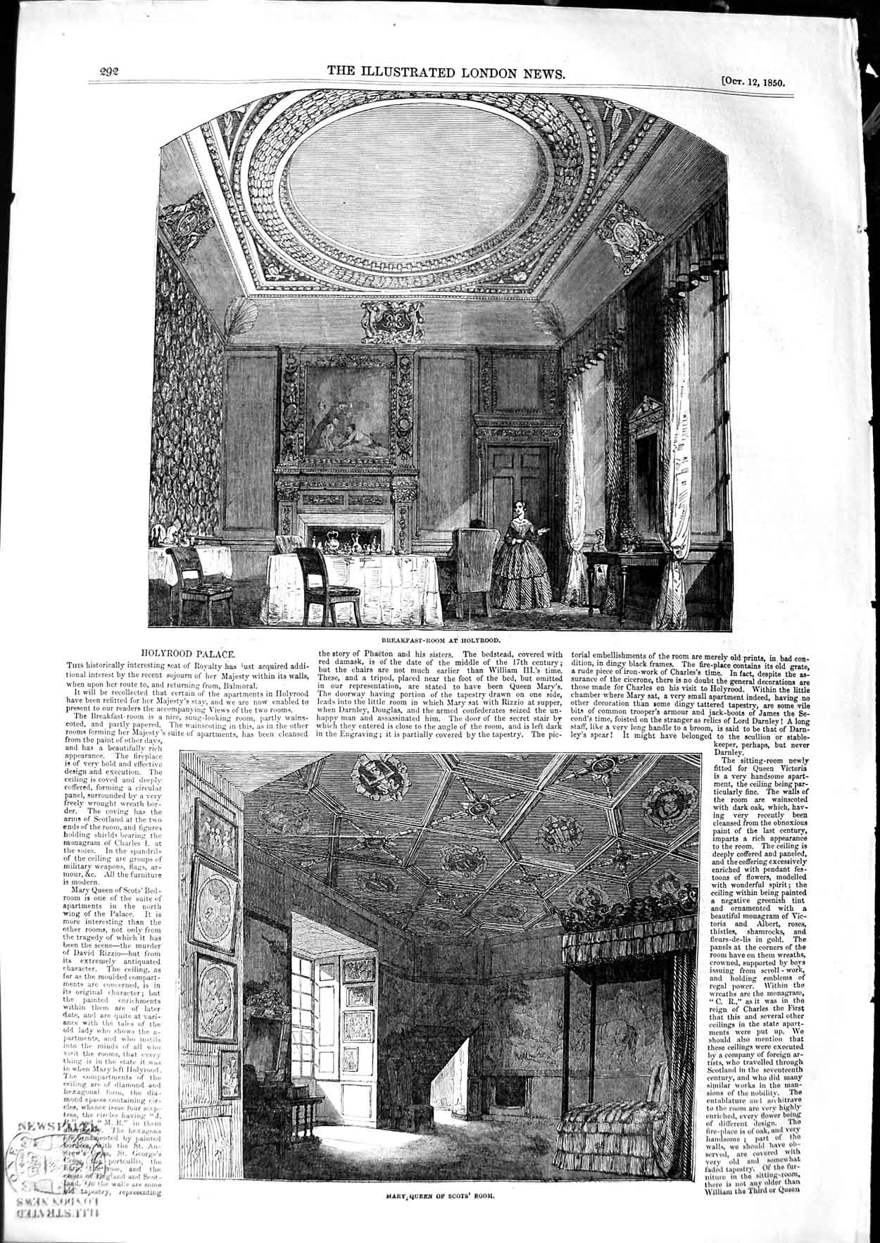 Old Antique Print 1850 Holyrood Palace Mary Queen Scots Sun-Dial London 19th
