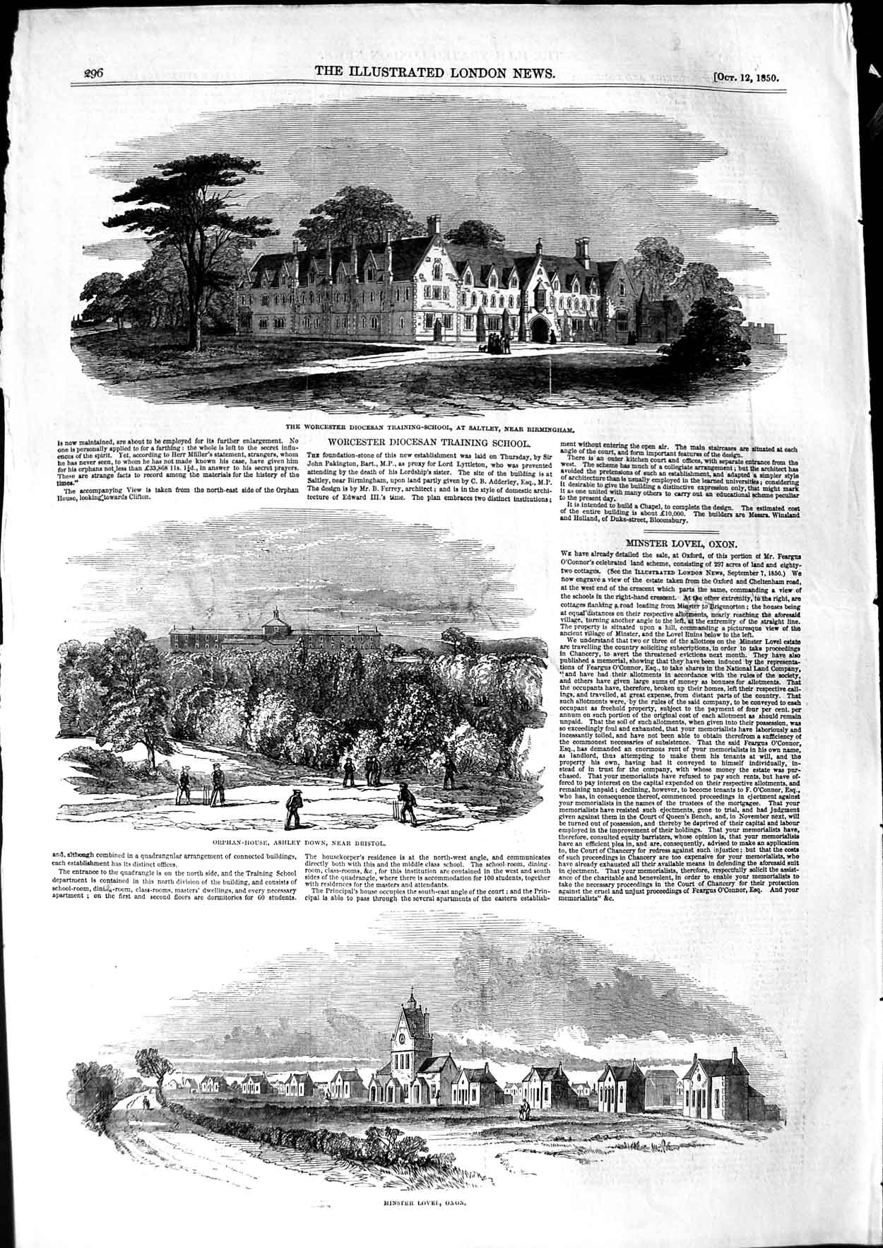 Original Old Antique Print 1850 Minister Orphan House Ashley Worcester School