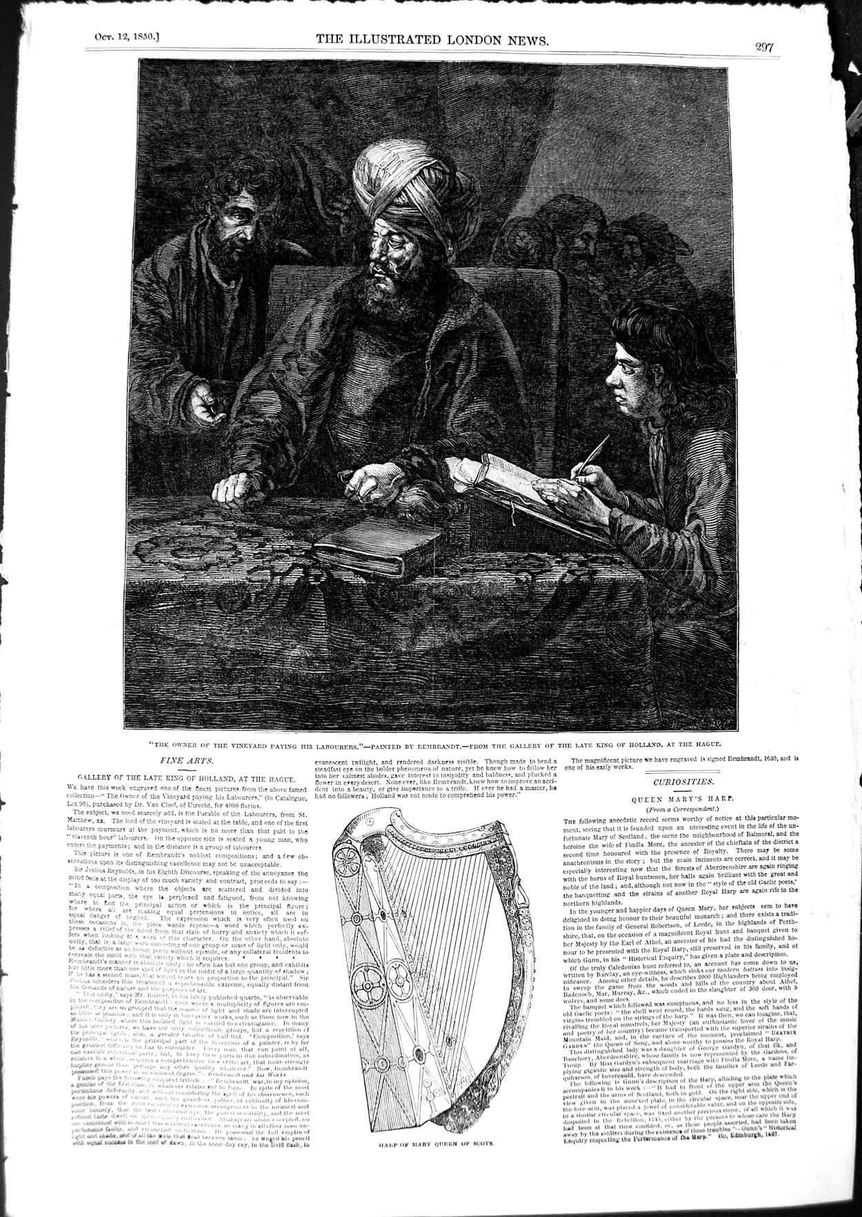 Original Old Antique Print 1850 Harp Mary Queen Scots Owner Vineyard Labourers