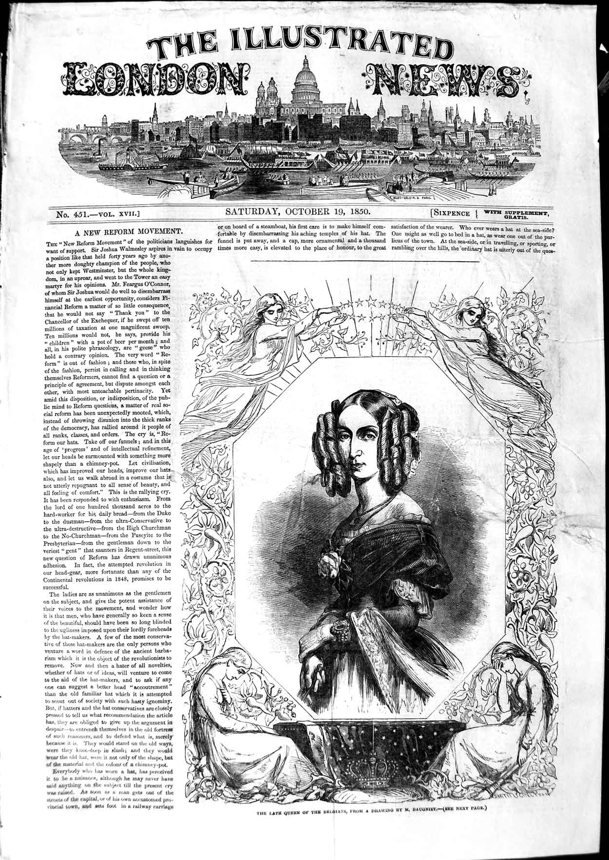 Original Old Antique Print 1850 Queen Belgians Portrait Baugniet 19th