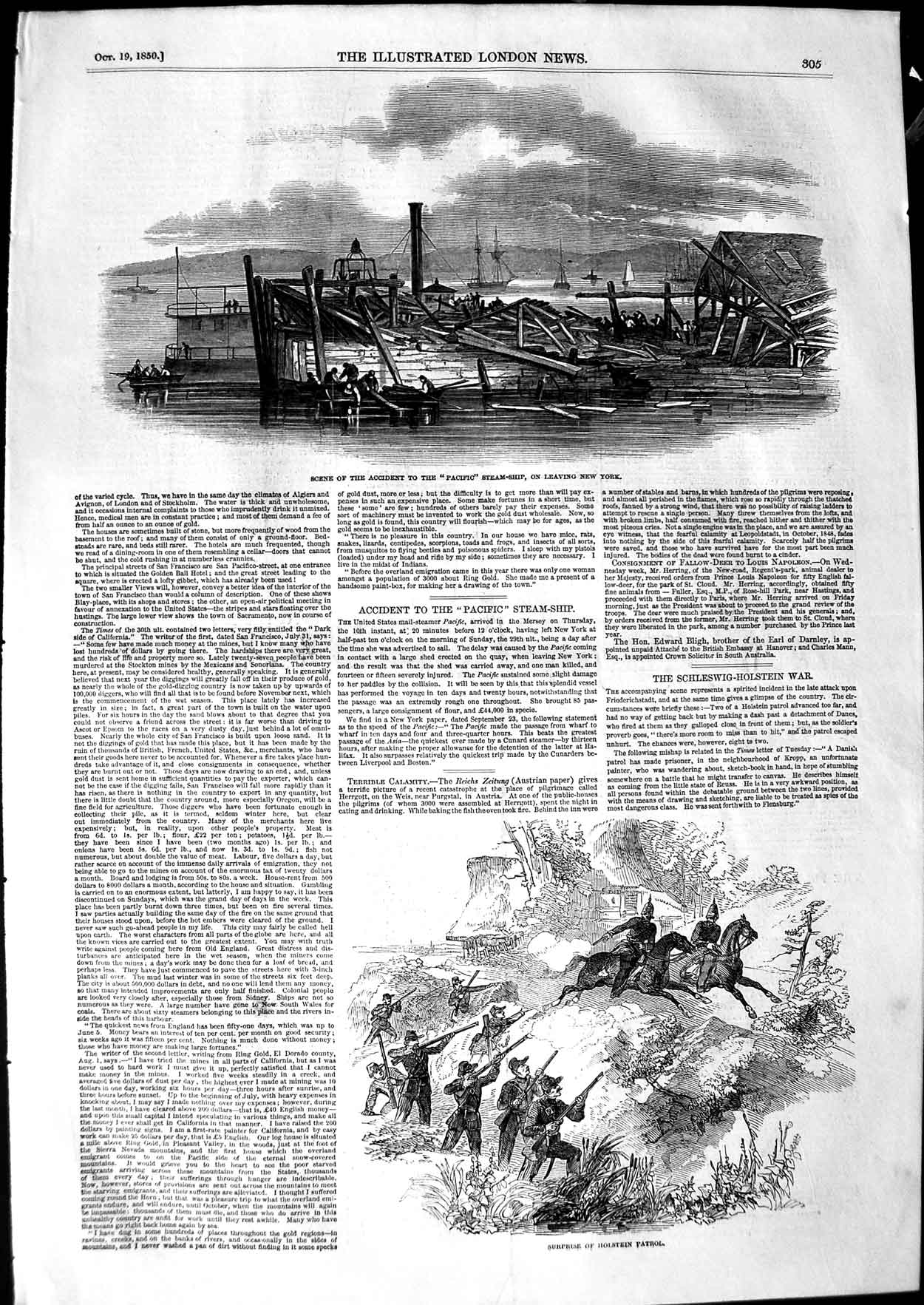 Old Antique Print 1850 Accident Pacific Ship New York Holstein Patrol War 19th