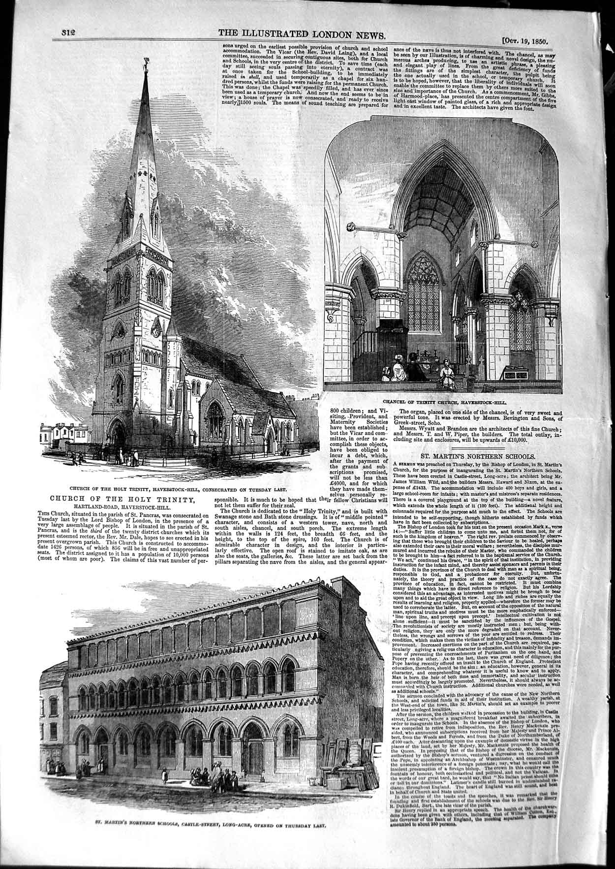 Original Old Antique Print 1850 Church Trinity Haverstock School Castle Street