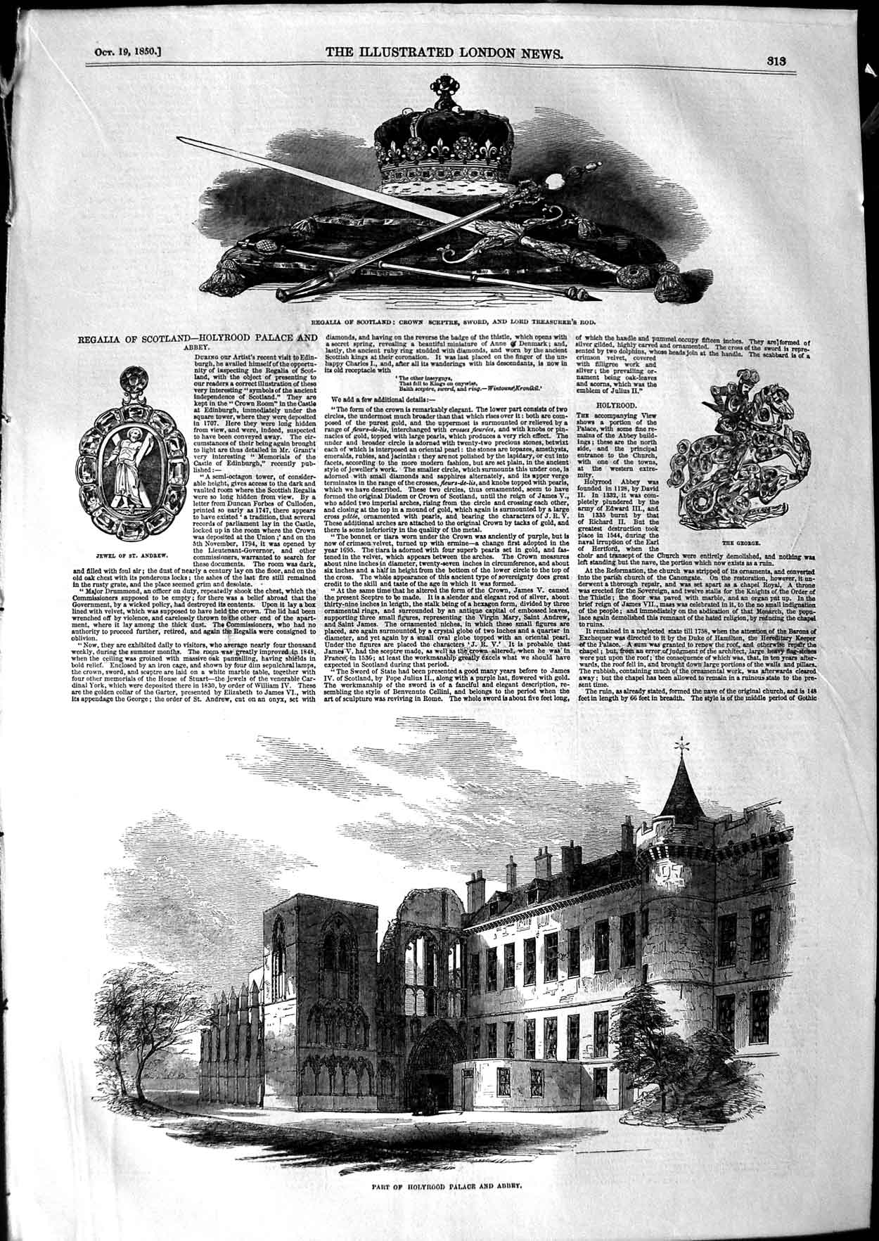 Old Antique Print 1850 Regalia Scotland Crown Jewel Andrew Holyrood Abbey 19th