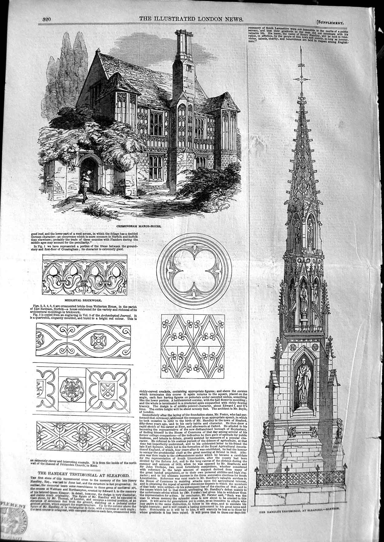 Old Antique Print 1850 Cressingham Manor-House Handley Slealford Diagrams 19th