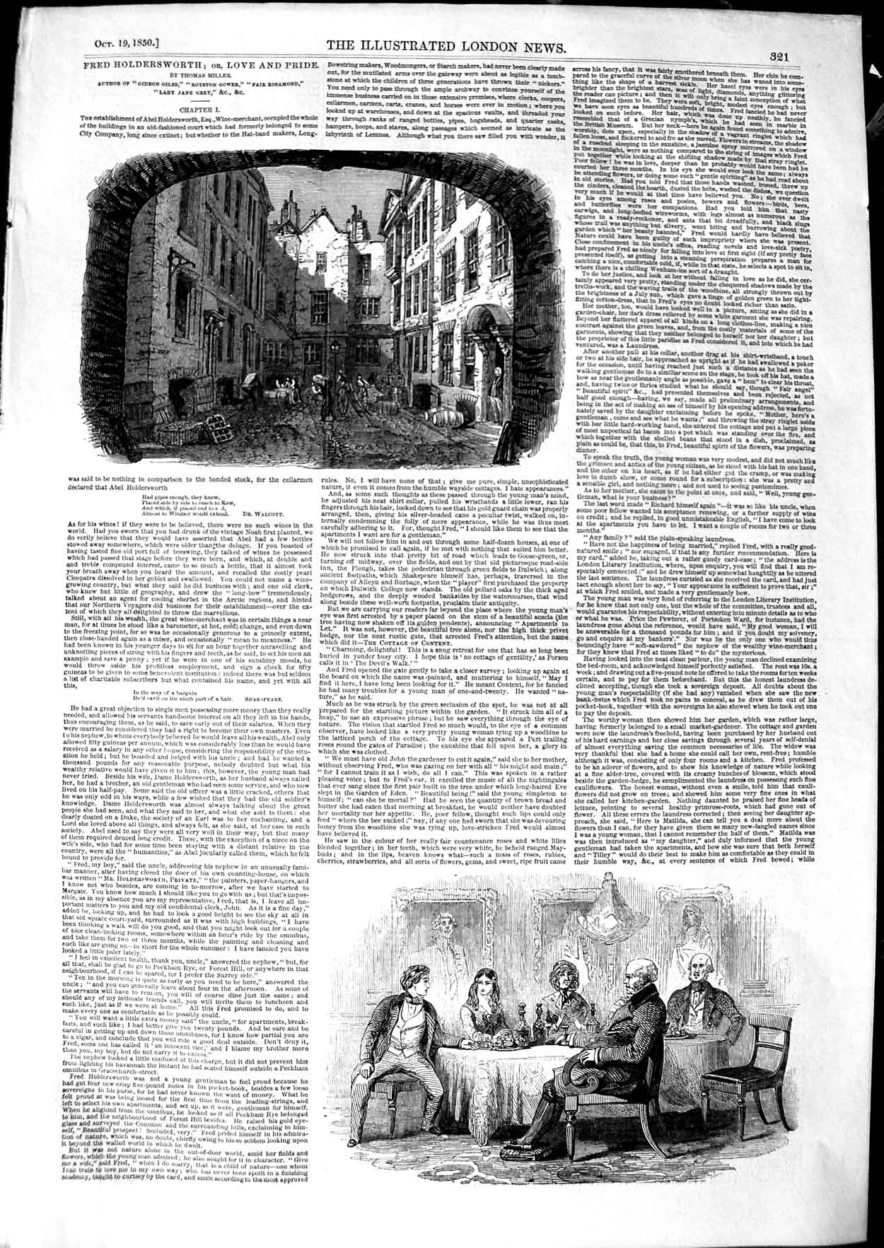Original Old Antique Print 1850 Street Scene Buildings Men Meeting Victorian
