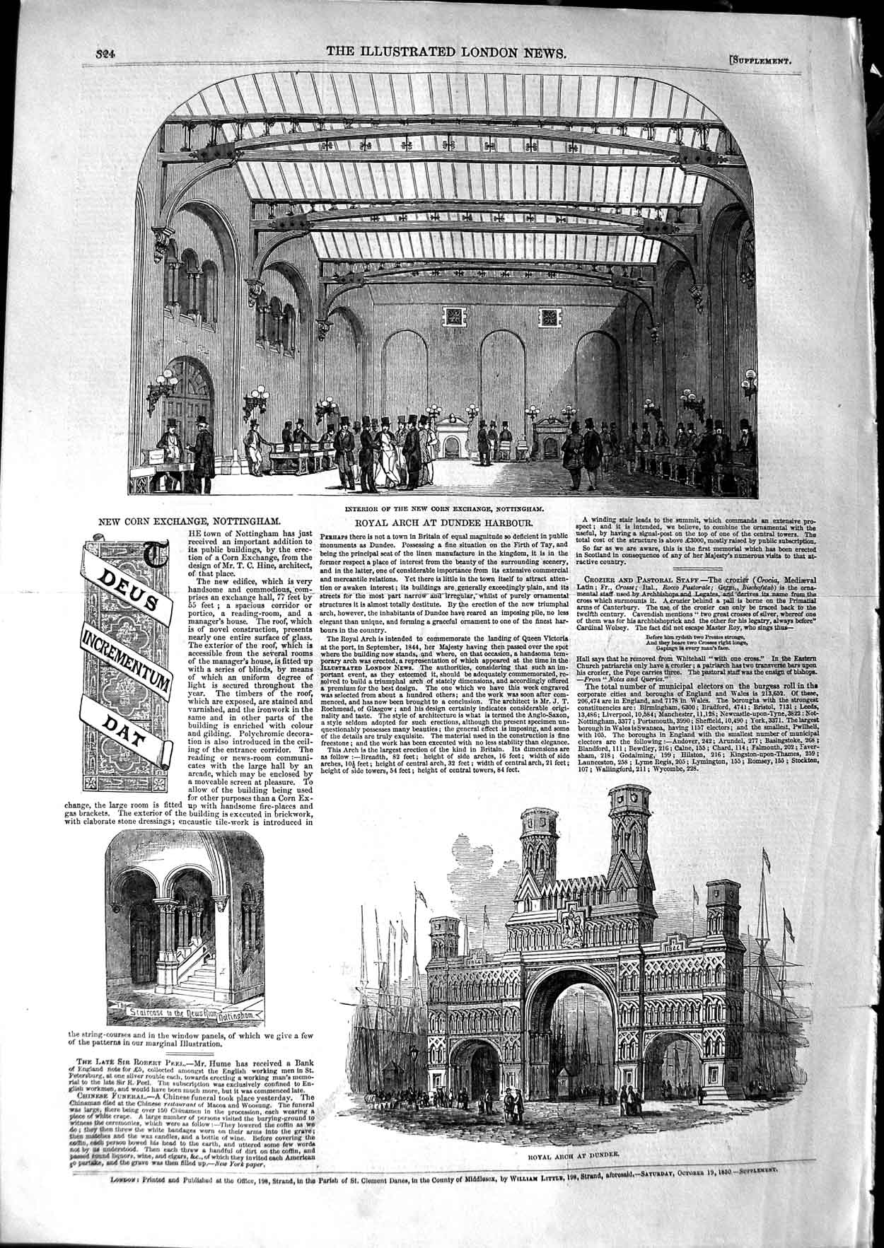Original Old Antique Print 1850 Corn Exchange Nottingham Royal Arch Dundee 19th