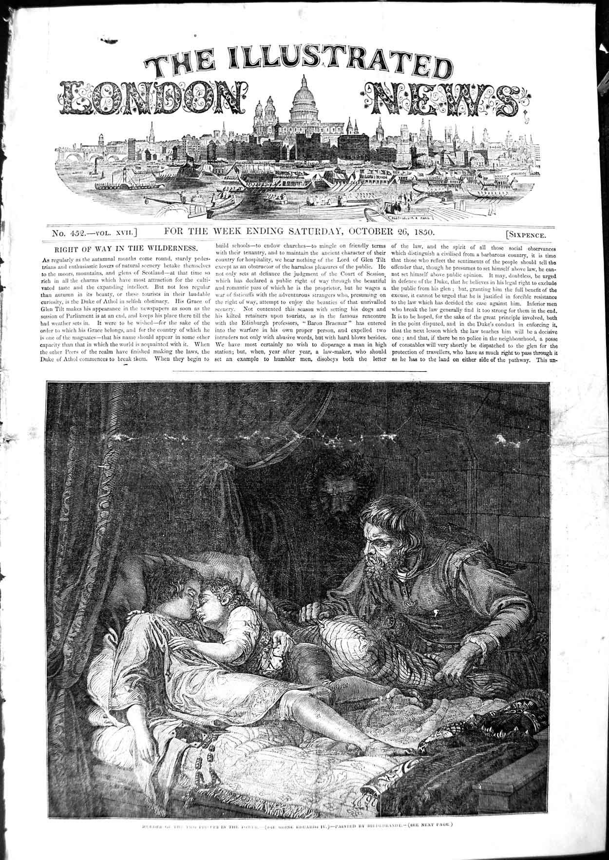 Original Old Antique Print 1850 Scene Murder Bed Two Princes Tower Hildebrandt
