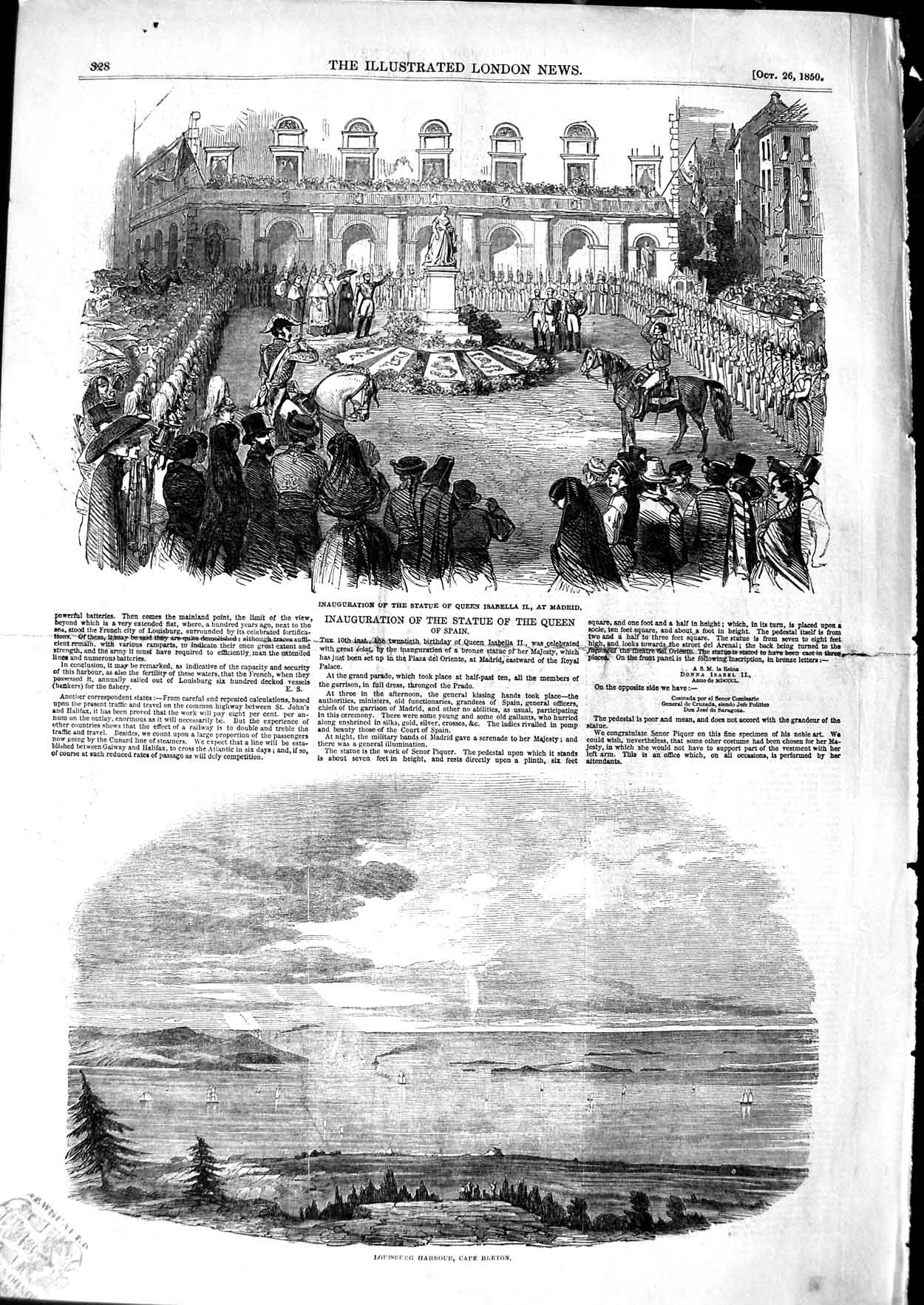 Old Antique Print 1850 Statue Queen Isaella Madrid Louisburg Cape Breton 19th