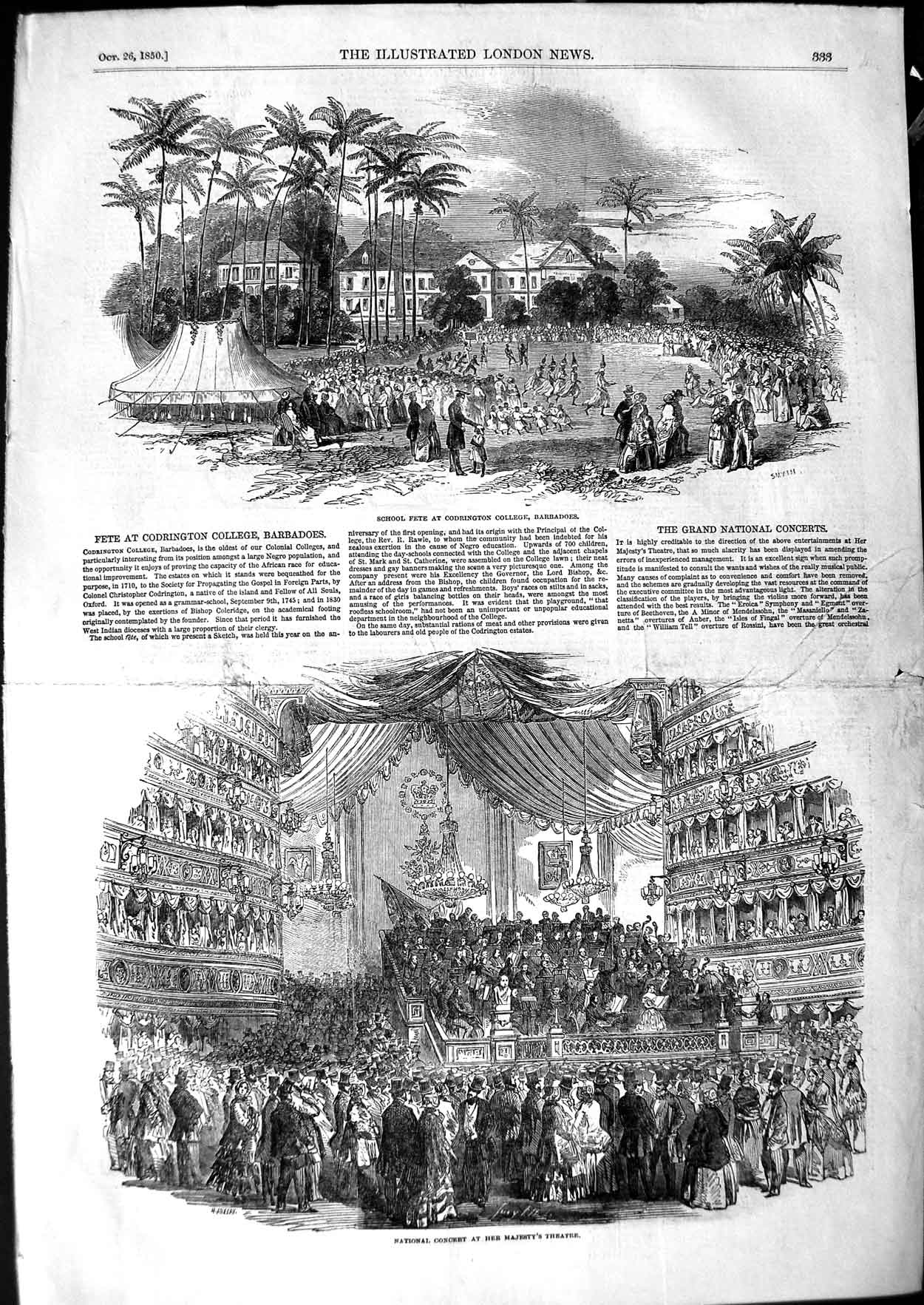 Original Old Antique Print 1850 School Fete Barbadoes Concert Majesty Theatre