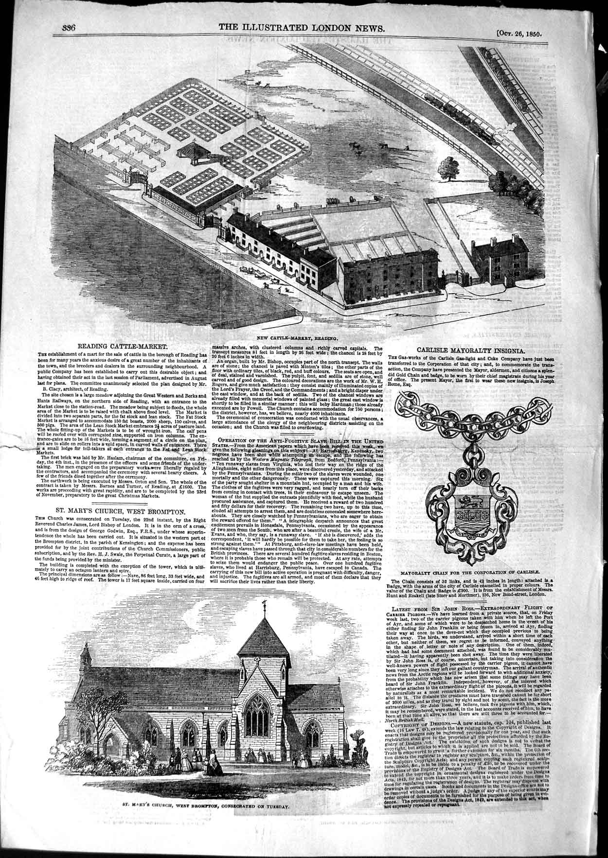 Original Old Antique Print 1850 Cattle Market Reading Mary'S Church Brompton