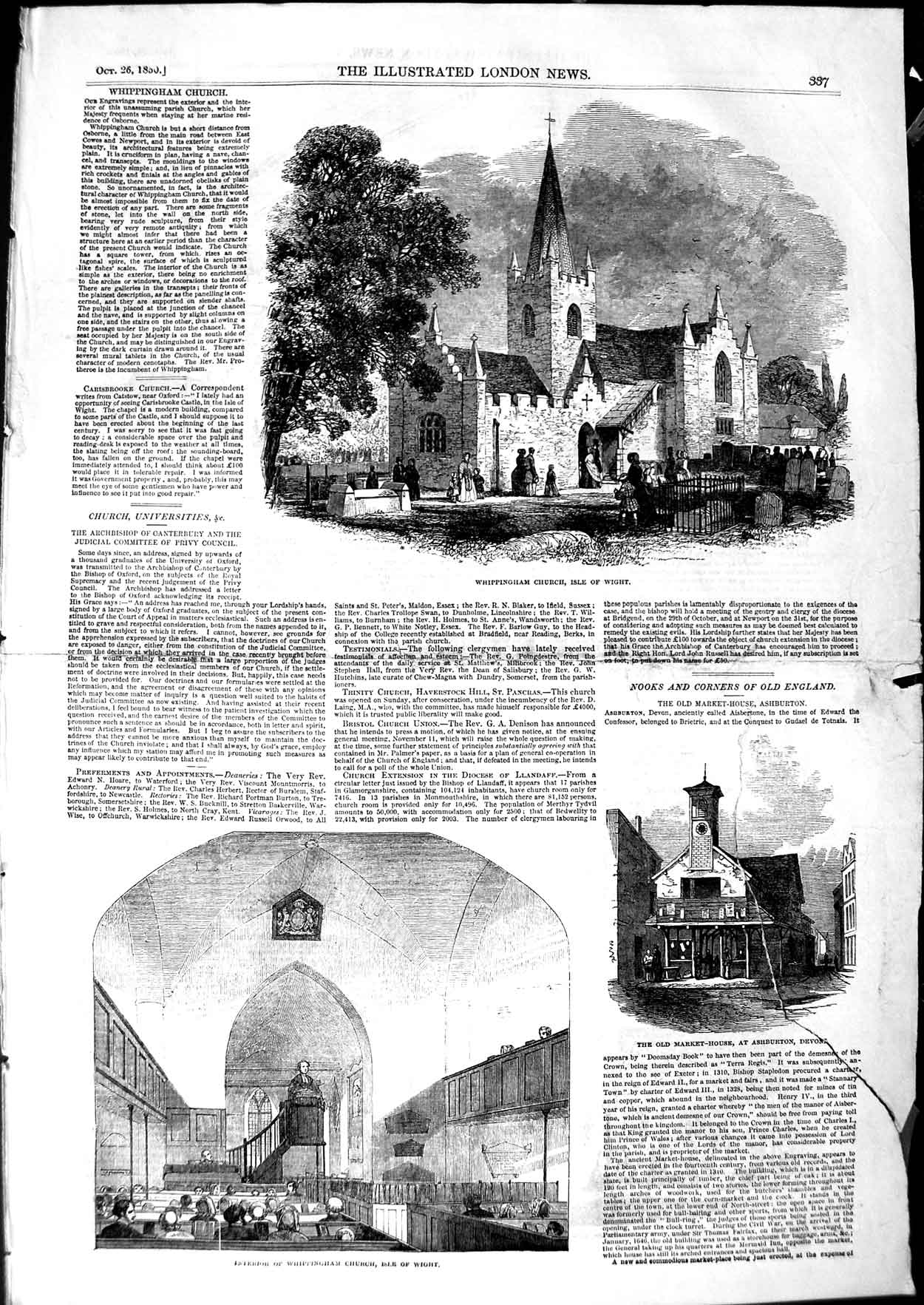 Antique Old Print *3169 1850 Whippingham Church Isle Wight Ashburton Devon