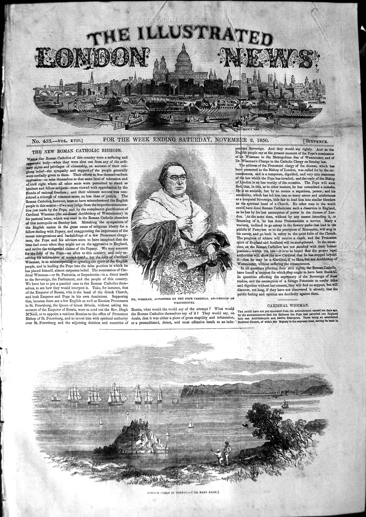 Old Antique Print 1850 Wiseman Archbishop Westminster French Ships Torbay 19th