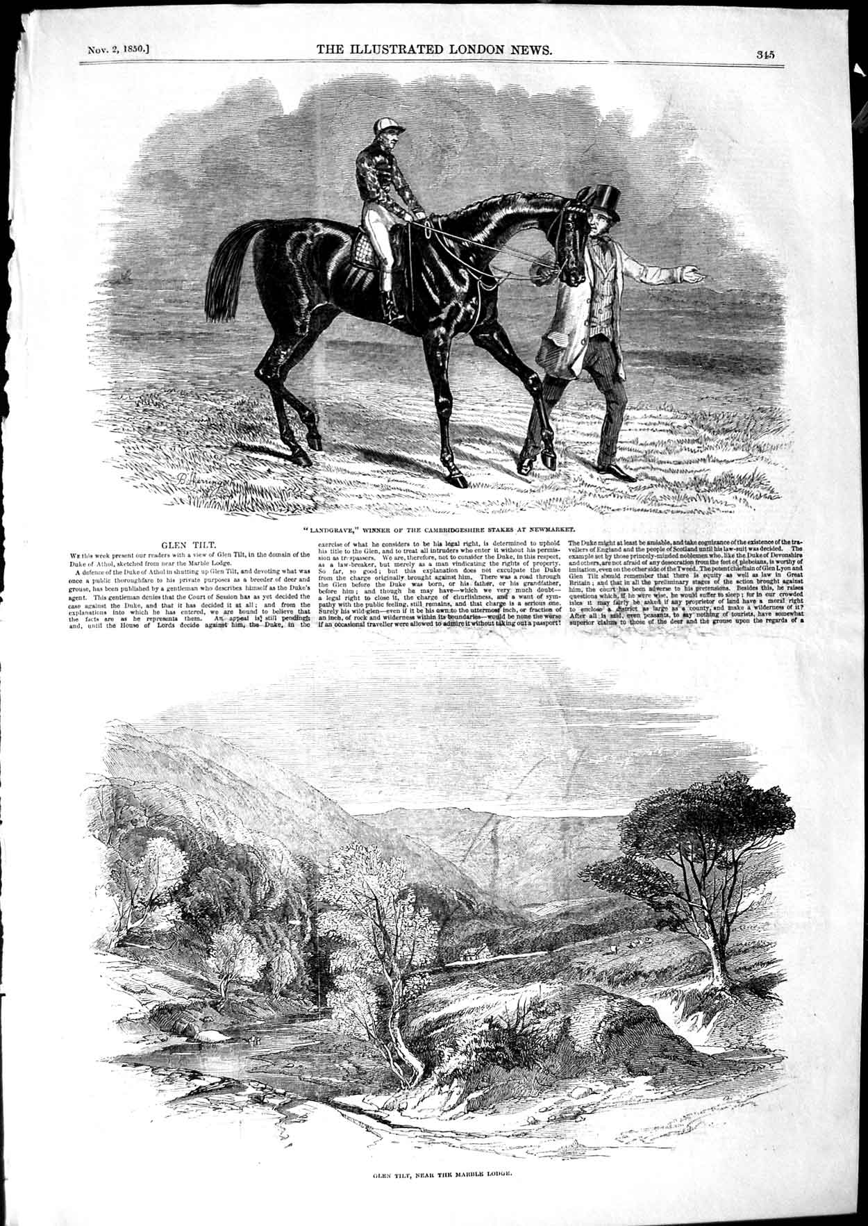Old Antique Print 1850 Landgrave Horse Newmarket Glen Tilt Marble Lodge 19th