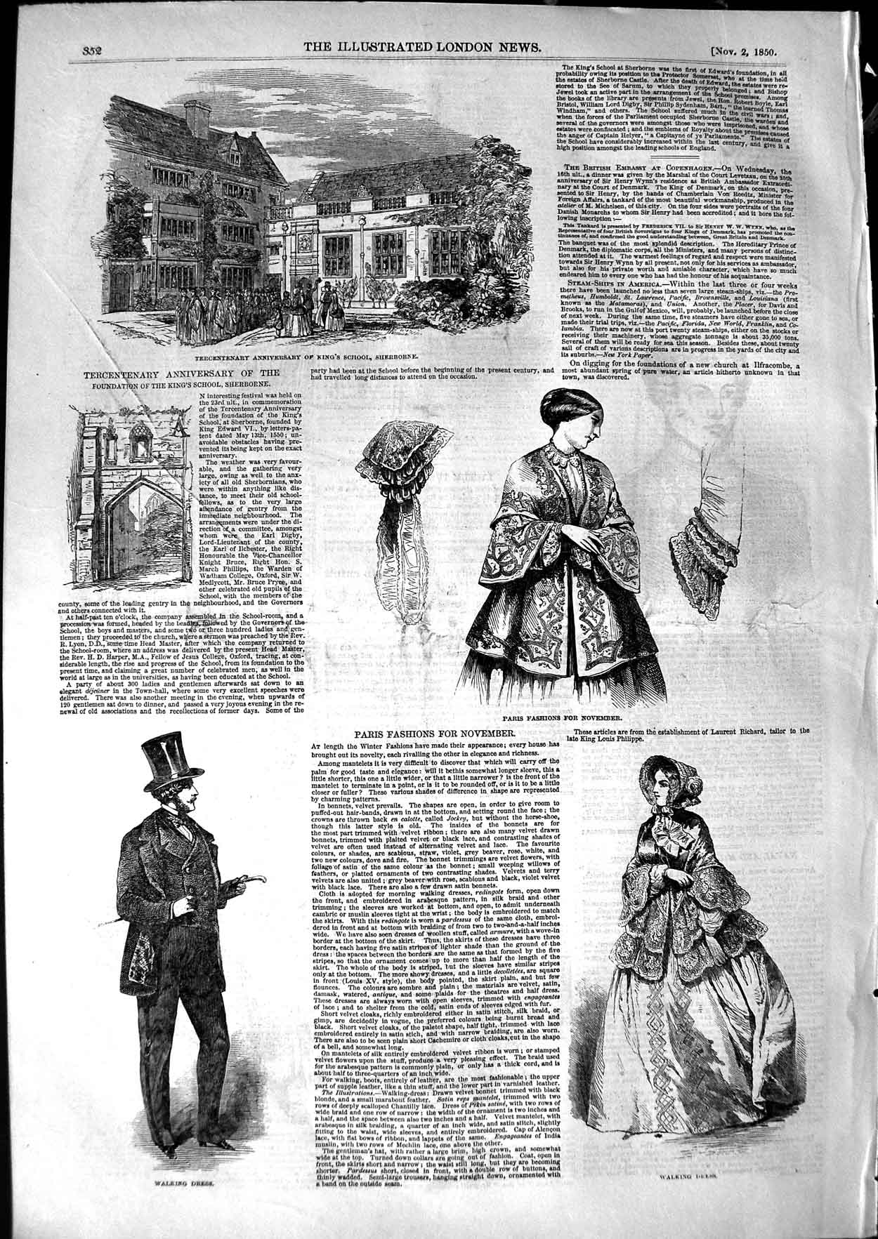 Original Old Antique Print 1850 King'S School Sherborne Paris Fashion Walking