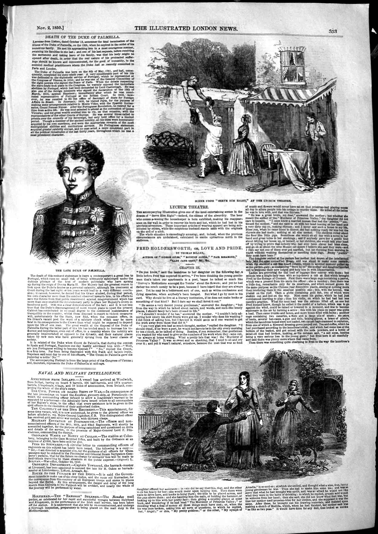 Original Old Antique Print 1850 Serve Him Right Lyceum Theatre Duke Palmella