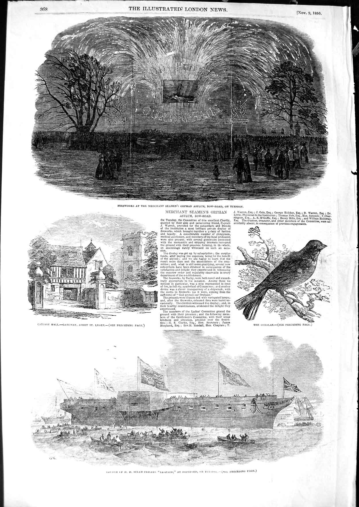 Old Antique Print 1850 Ship Leopard Deptford Seamen Orphan Asylum Ortolan 19th