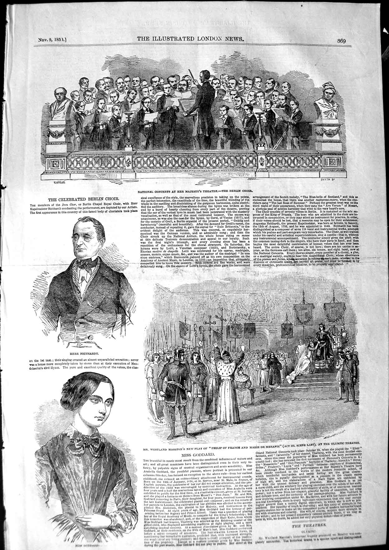 Original Old Antique Print 1850 Goddard Neithardt Berlin Choir Theatre Marston