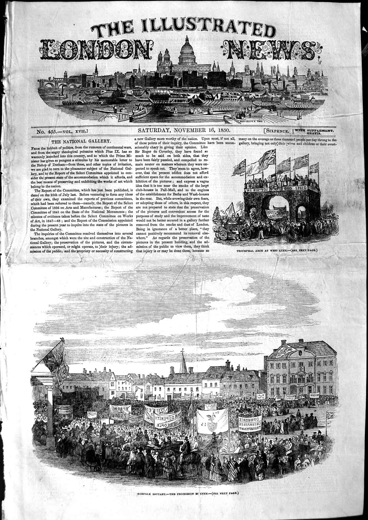 Original Old Antique Print 1850 Triumphal Arch West Lynn Norfolk Estuary 19th