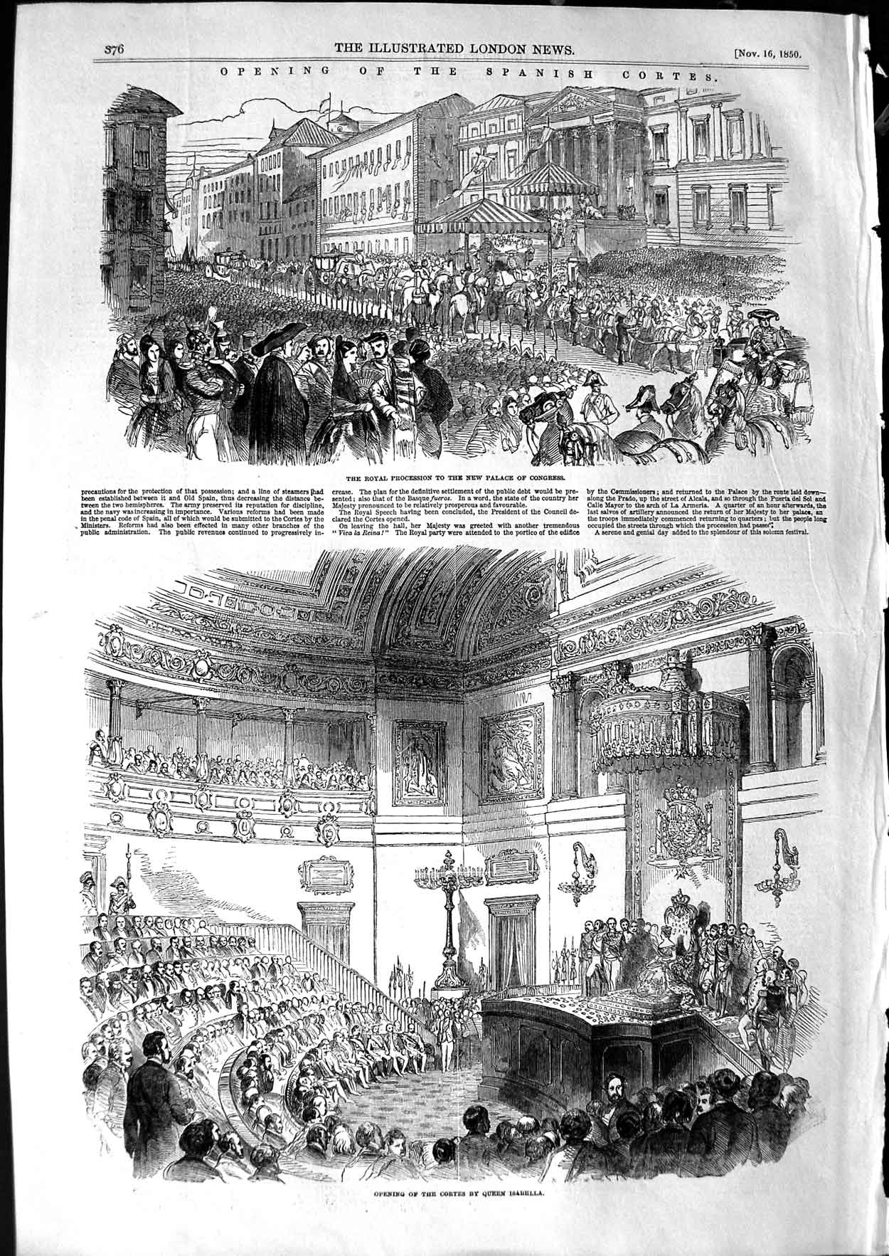 Original Old Antique Print 1850 Spanish Cortes Palace Congress Queen Isabella