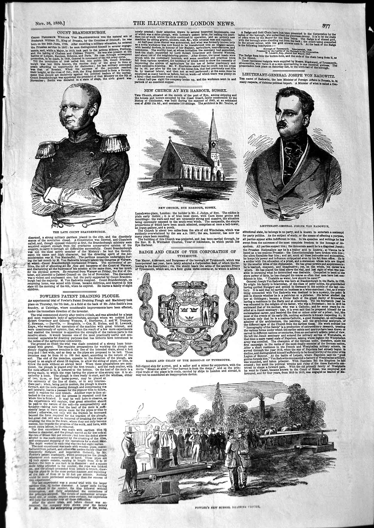 Old Antique Print 1850 Church Sussex Brandenburgh Radowitz Fowler Plough 19th
