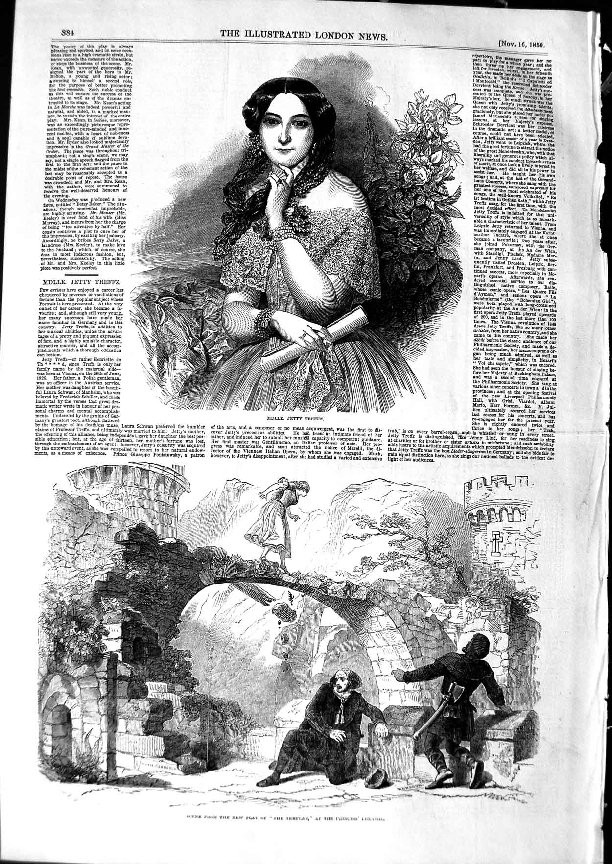 Old Antique Print 1850 Mdlle' Jetty Treffz Templar Play Princess Theatre 19th