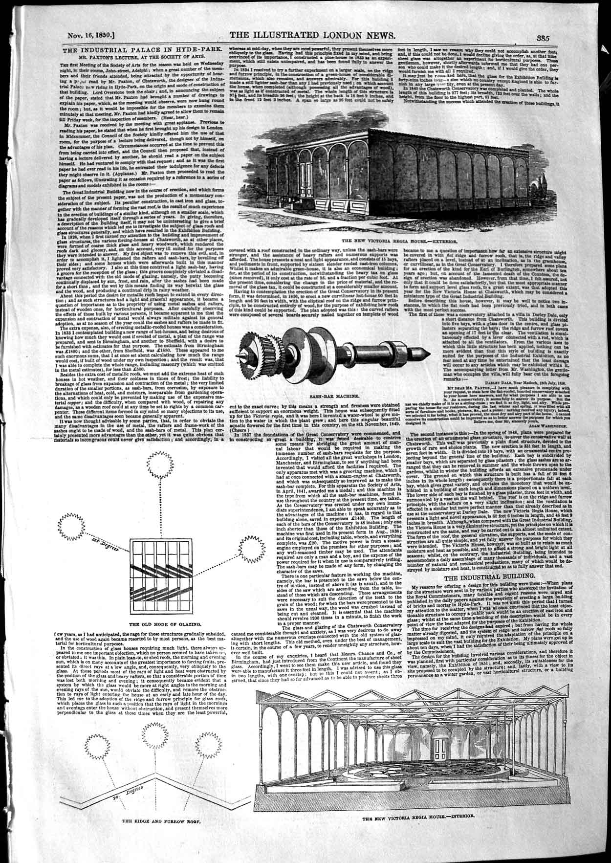 Original Old Antique Print 1850 Victoria Regai House Sash-Bar Machine Glazing