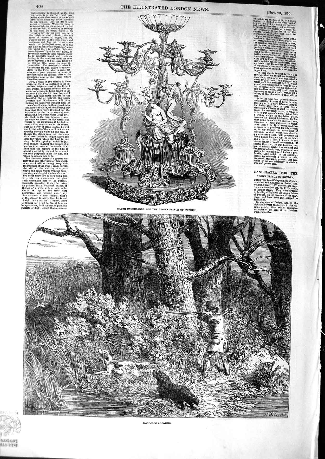 Old Antique Print 1850 Silver Candelabra Prince Sweden Woodcock Shooting 19th