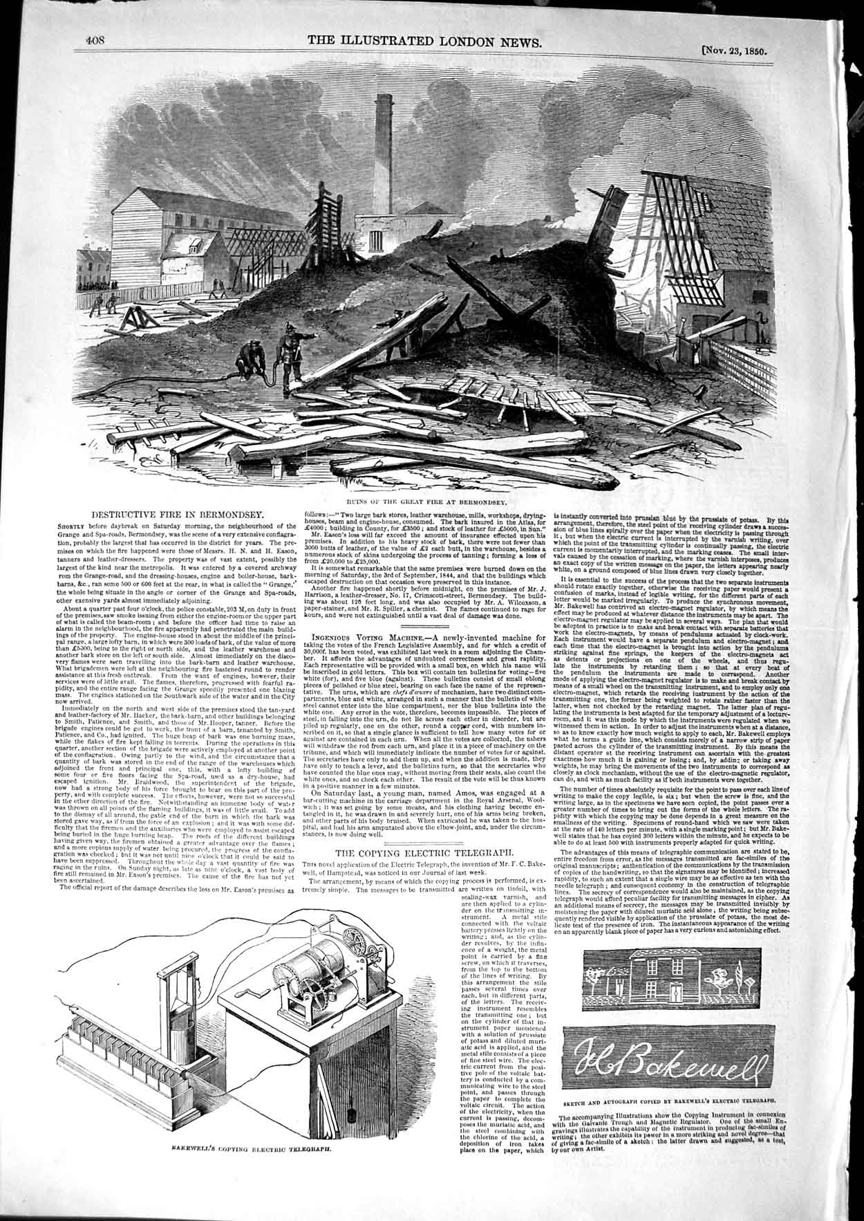 Original Old Antique Print 1850 Fire Bermondsey Bakewell Electric Telegraph