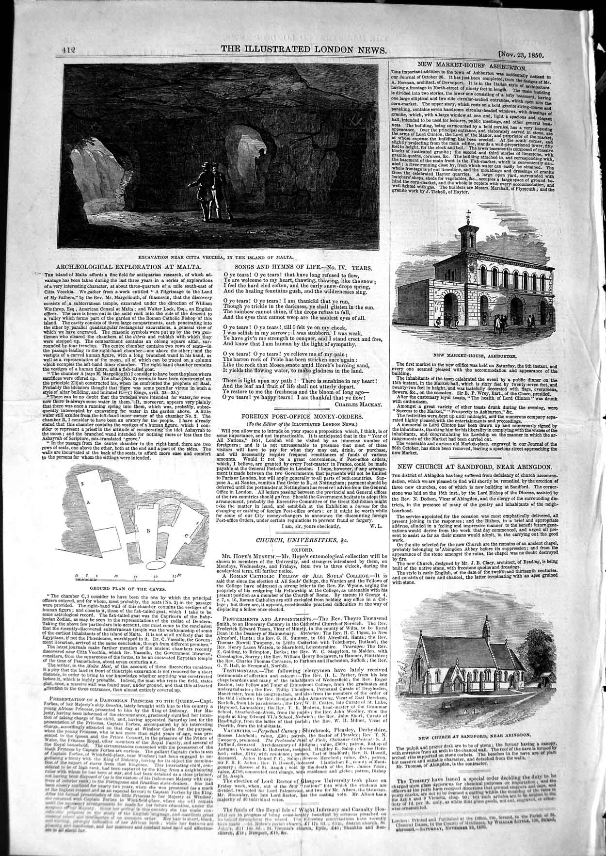 Original Old Antique Print 1850 Archaeology Citts Vecchia Malta Church Abingdon
