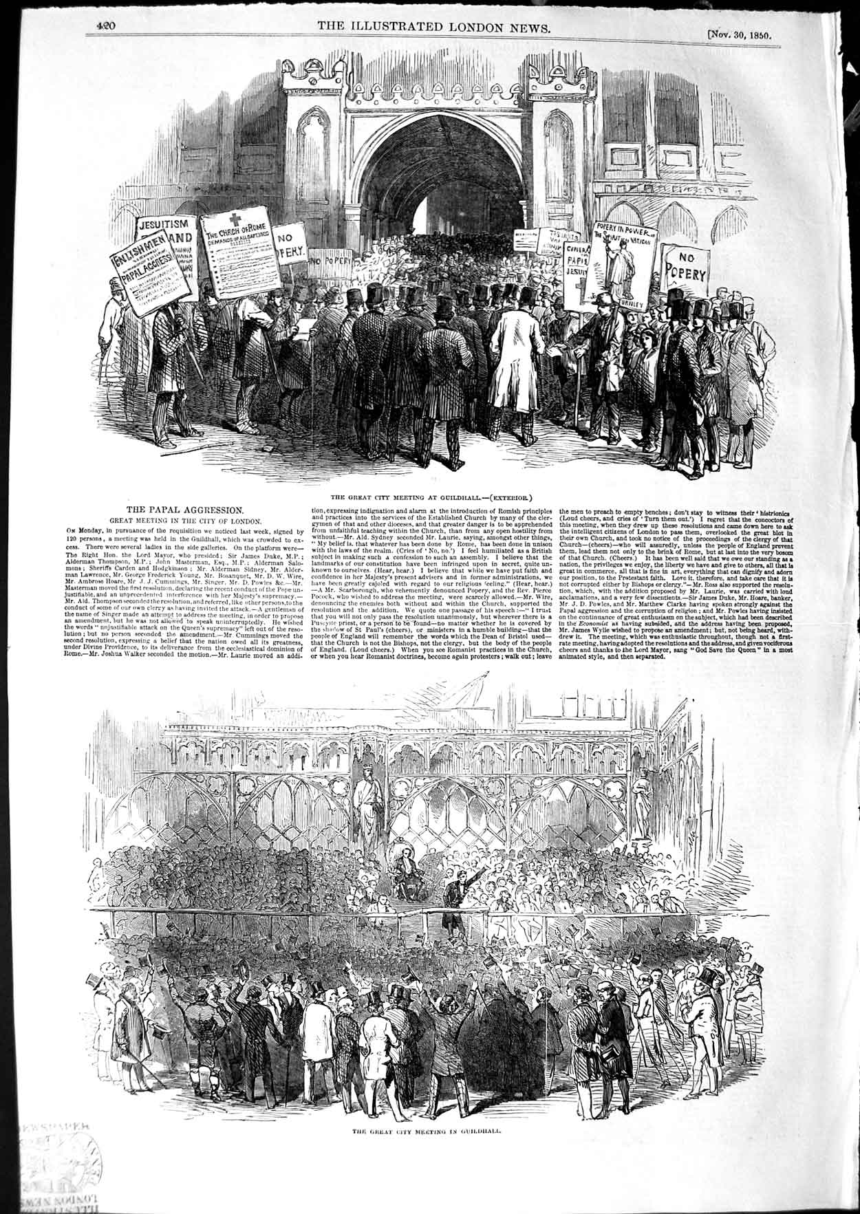 Original Old Antique Print 1850 Papal Agression Great City Meeting Guildhall