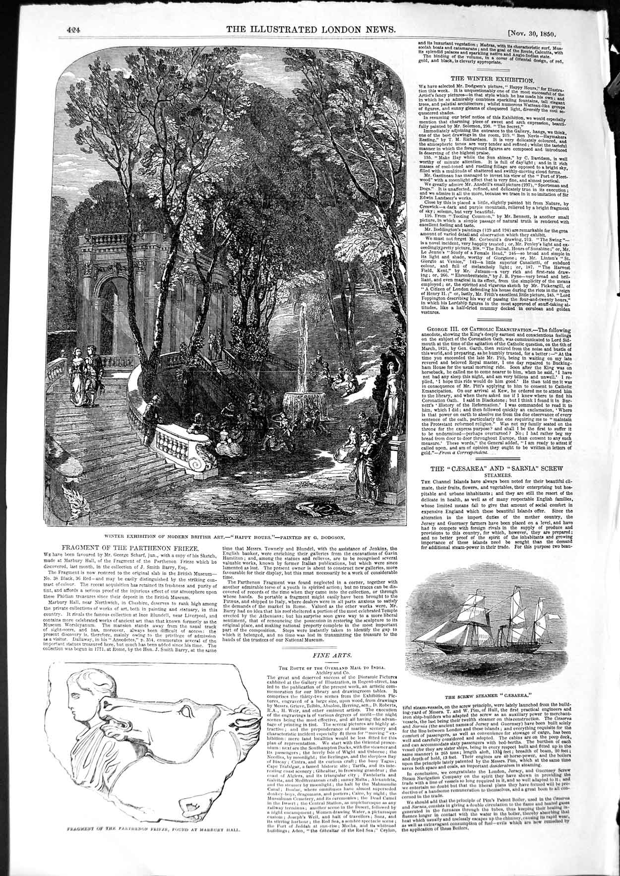 Original Old Antique Print 1850 Parthenon Frieze Marbury Ship Caesarea Garden