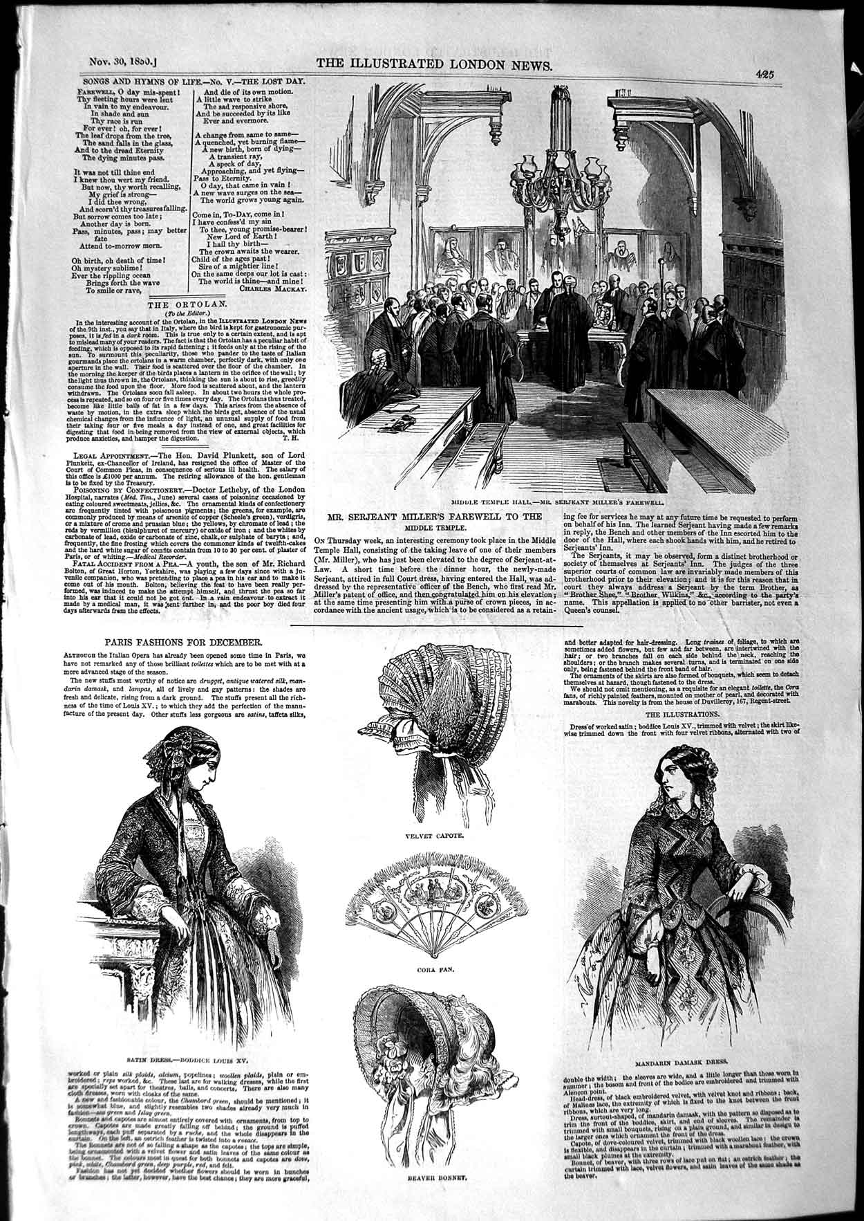 Old Antique Print 1850 Middle Temple Sergeant Miller Paris Fashion Bonnet 19th