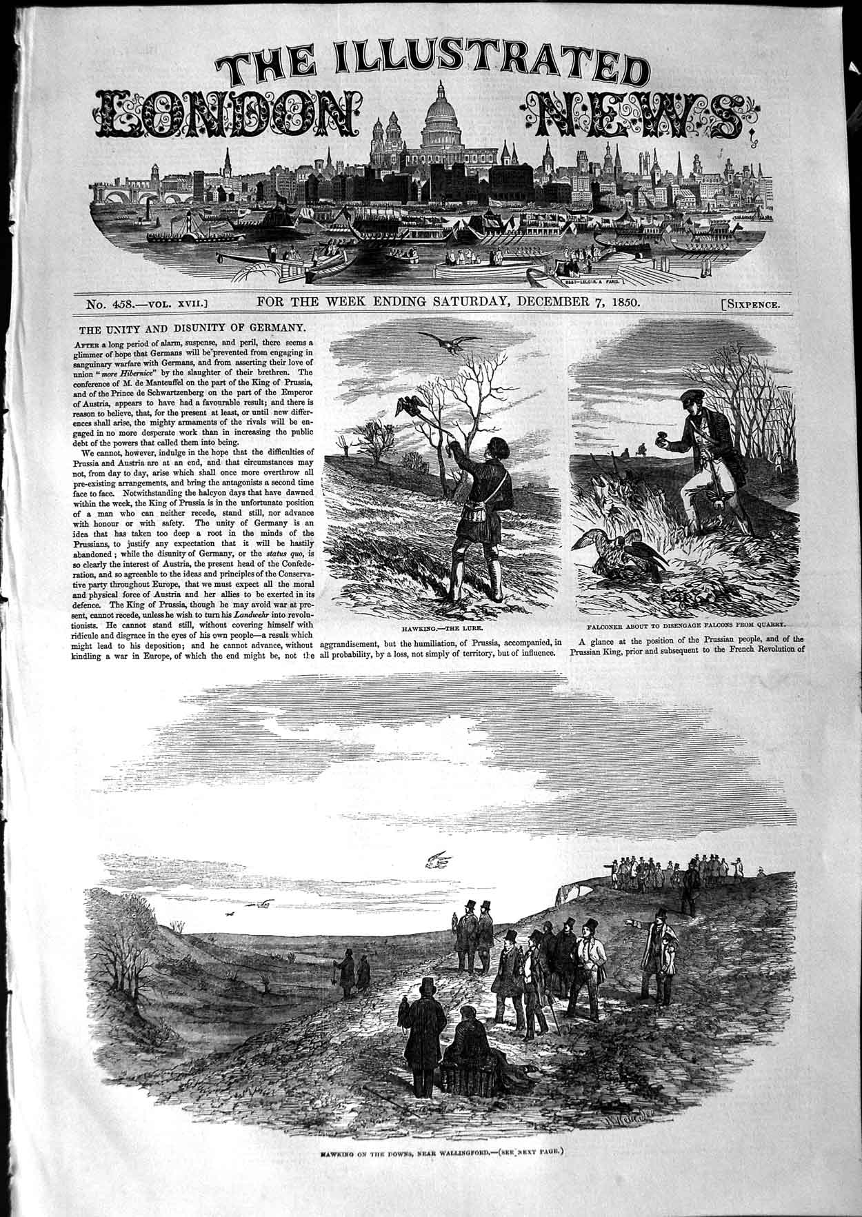Old Antique Print 1850 Hawing Hunting Downs Wallingford Falconer Falcon 19th