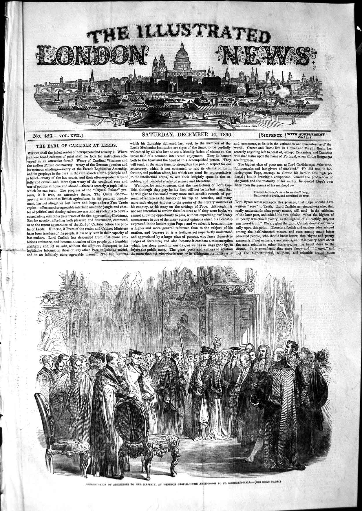 Original Old Antique Print 1850 Presentation Queen Windsor Castle George'S Hall