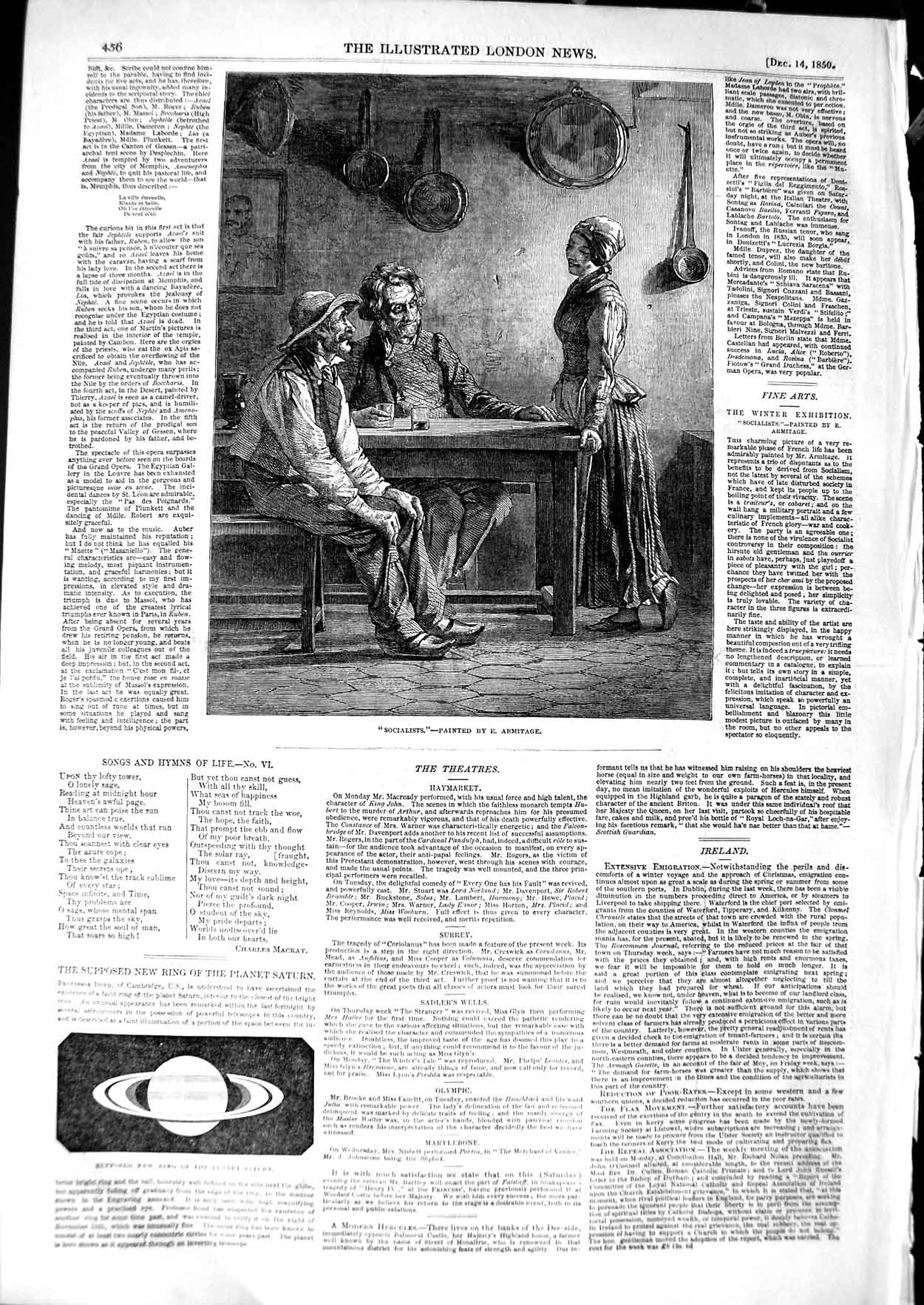 Original Old Antique Print 1850 Ring Planet Saturn Astronomy Socialists Meeting